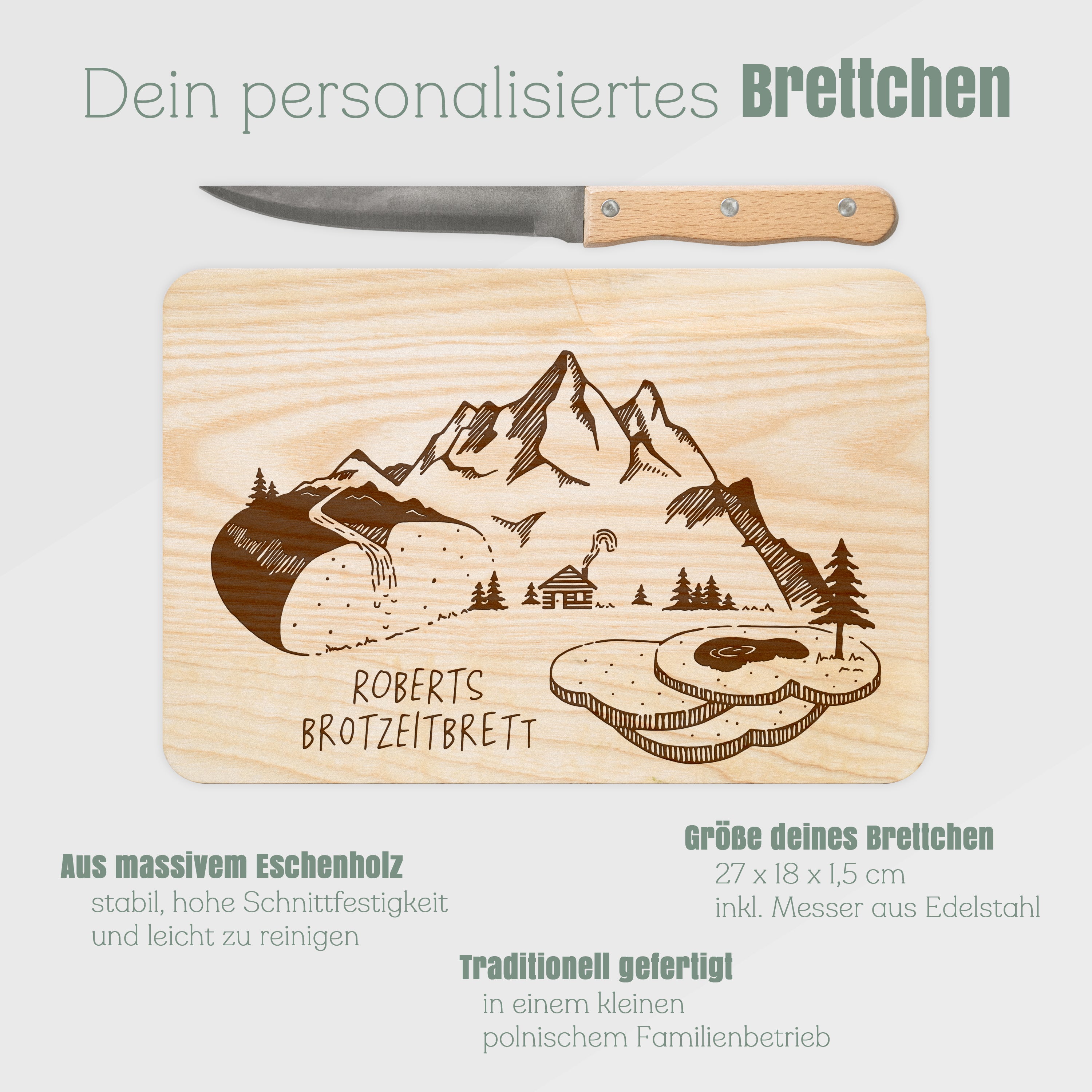 Brotzeitbrett mit Messer - Brotzeit Berglandschaft