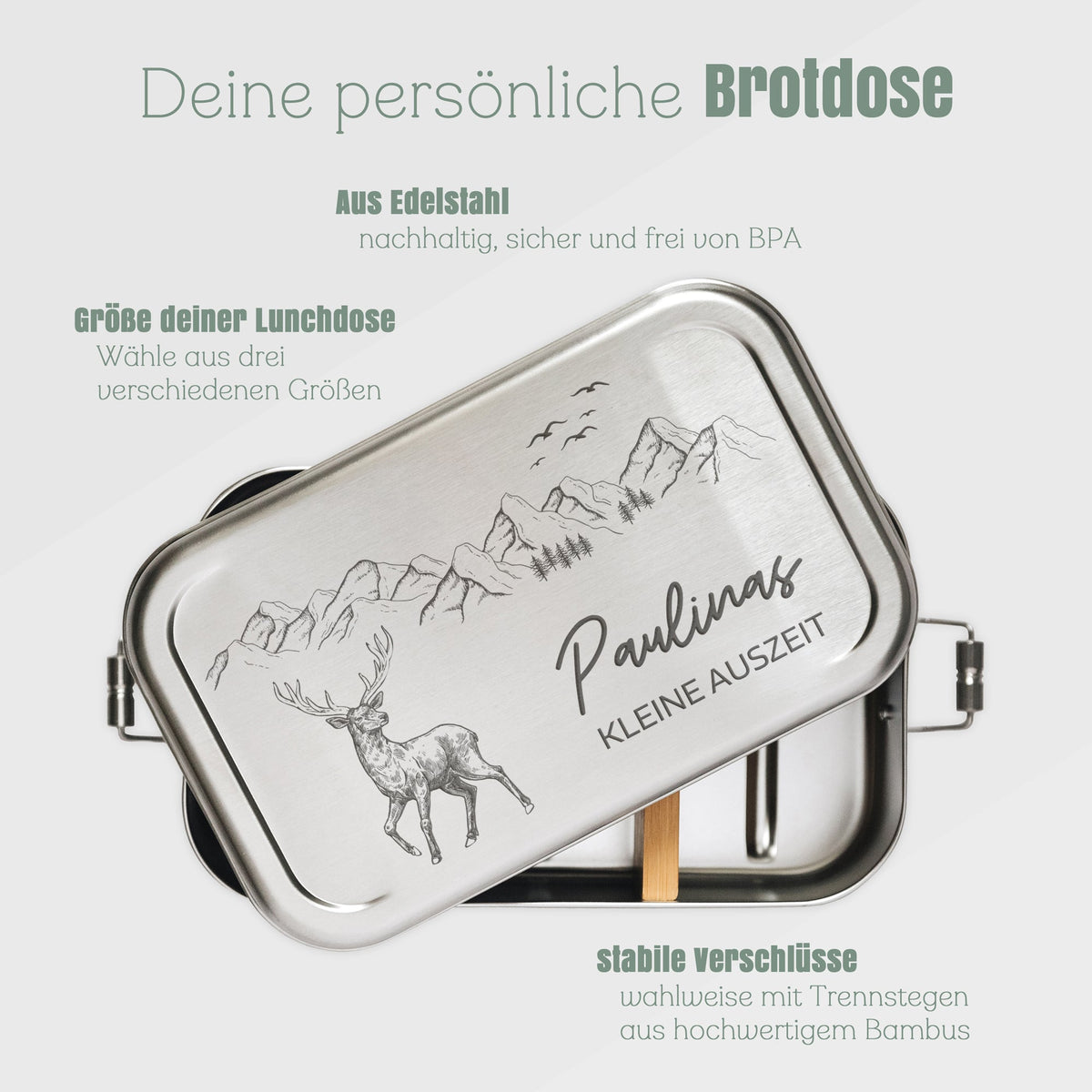 Brotdose Volledelstahl silber - Berge Hirsch - Abenteuernah