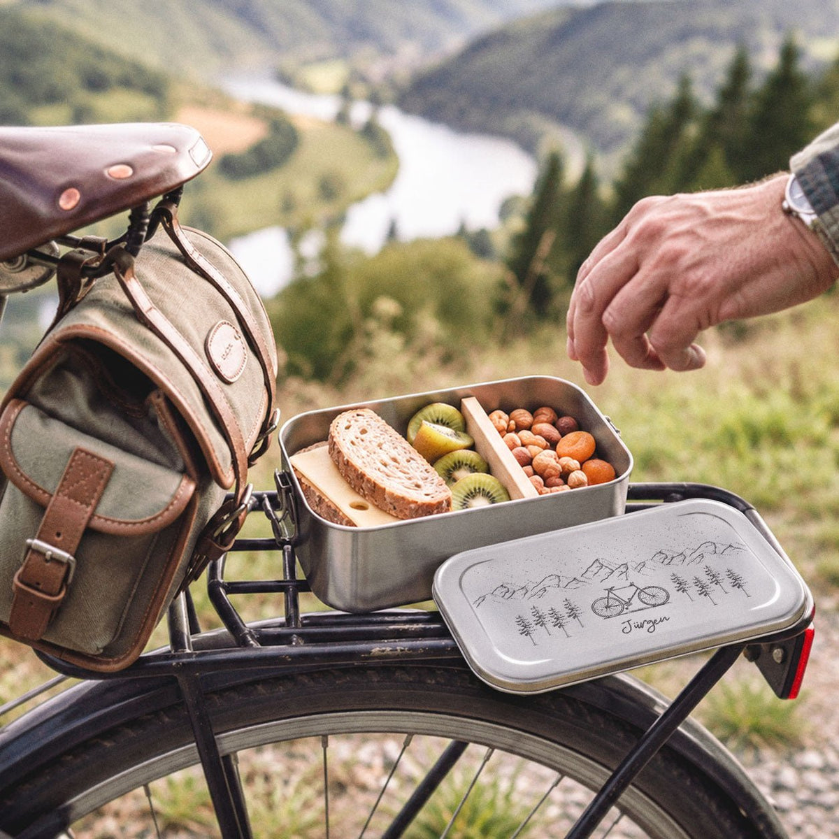 Brotdose Volledelstahl silber - Fahrrad Berge - Abenteuernah