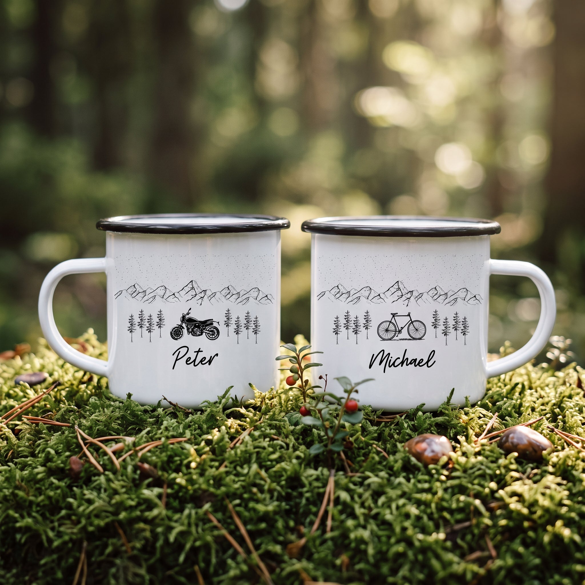 Emaille Tasse personalisiert - Fahrrad Berge, Motorrad Berge - Abenteuernah