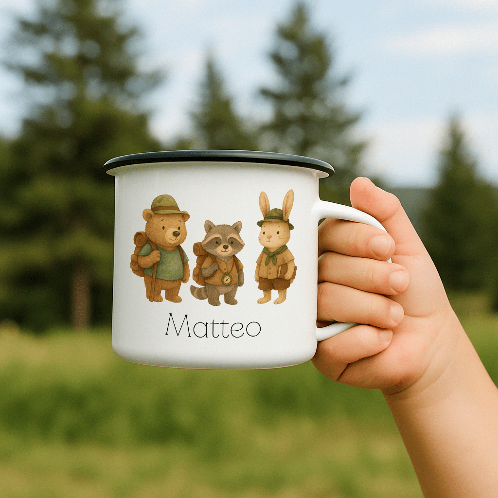 Emaille Tasse - Pfadfinder Tiere Trio - Abenteuernah