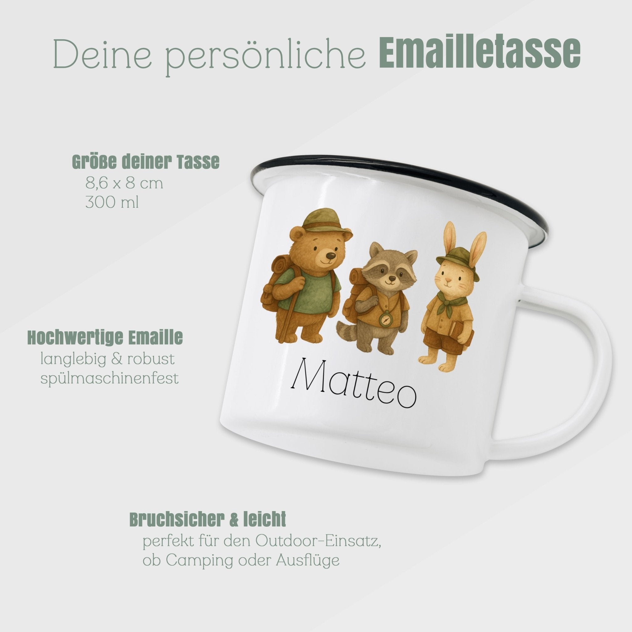 Emaille Tasse - Pfadfinder Tiere Trio - Abenteuernah