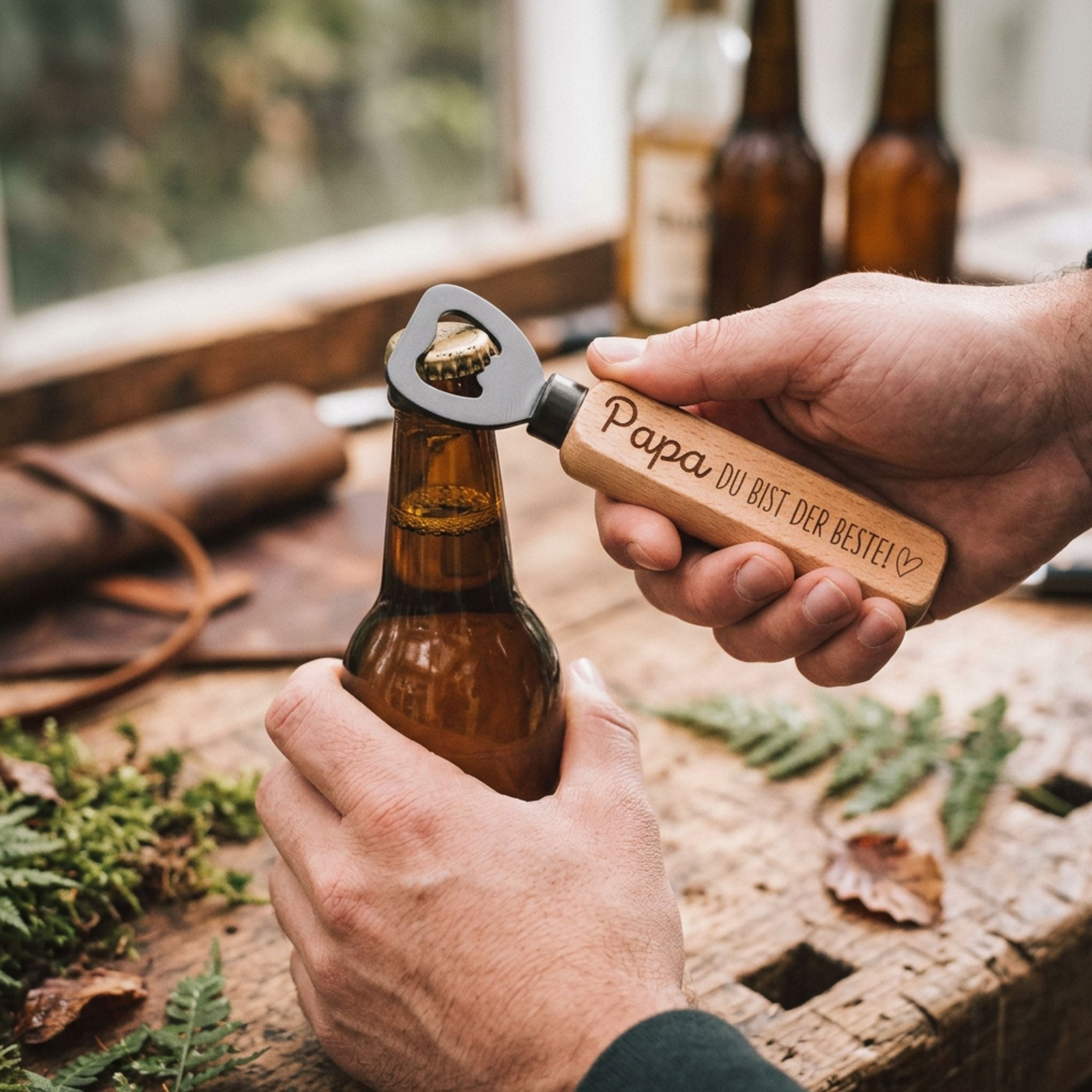 Flaschenöffner Holz mit schwarzer Klinge - Papa/Opa bist der Beste - Abenteuernah