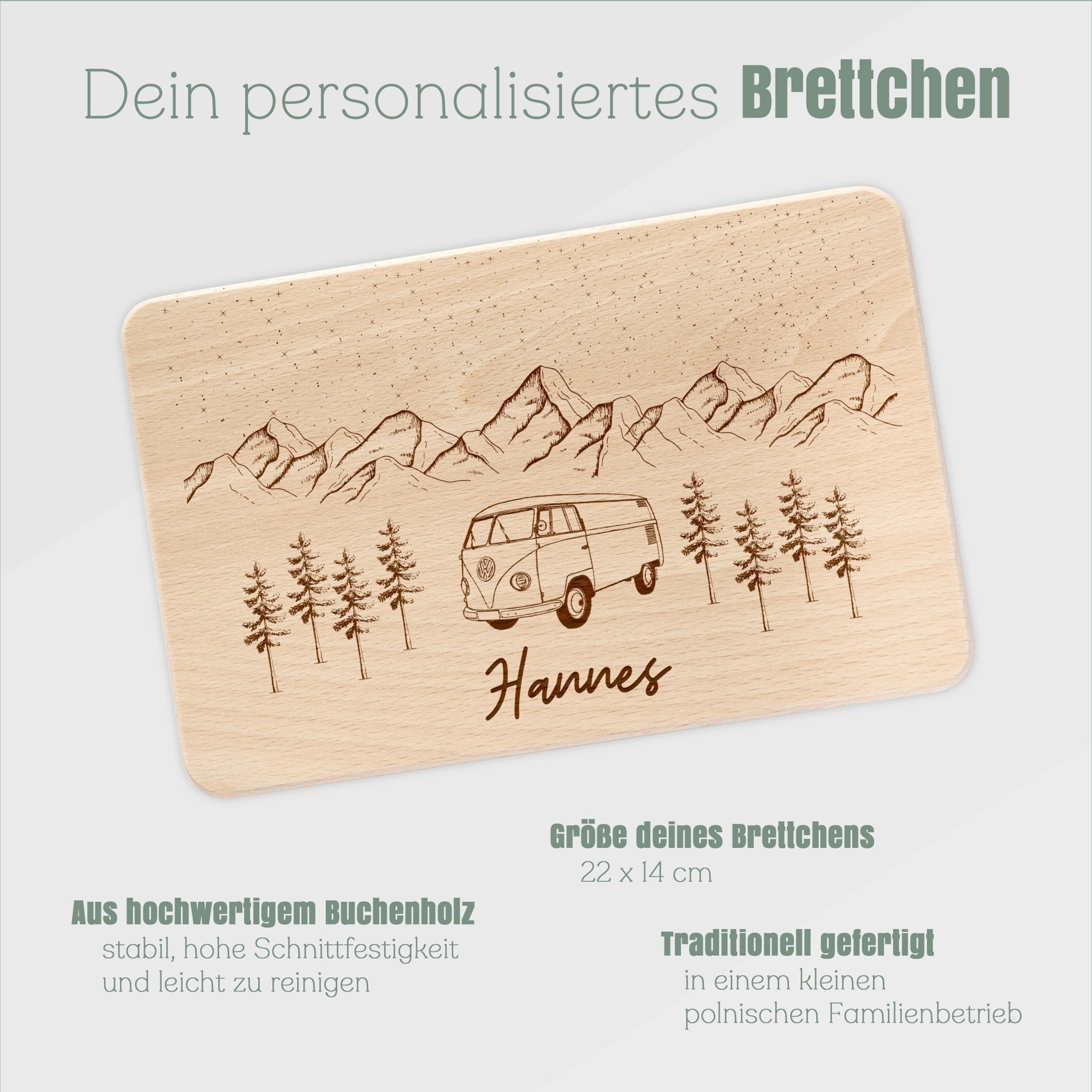 Frühstücksbrett Holz - Bus Berge - Abenteuernah