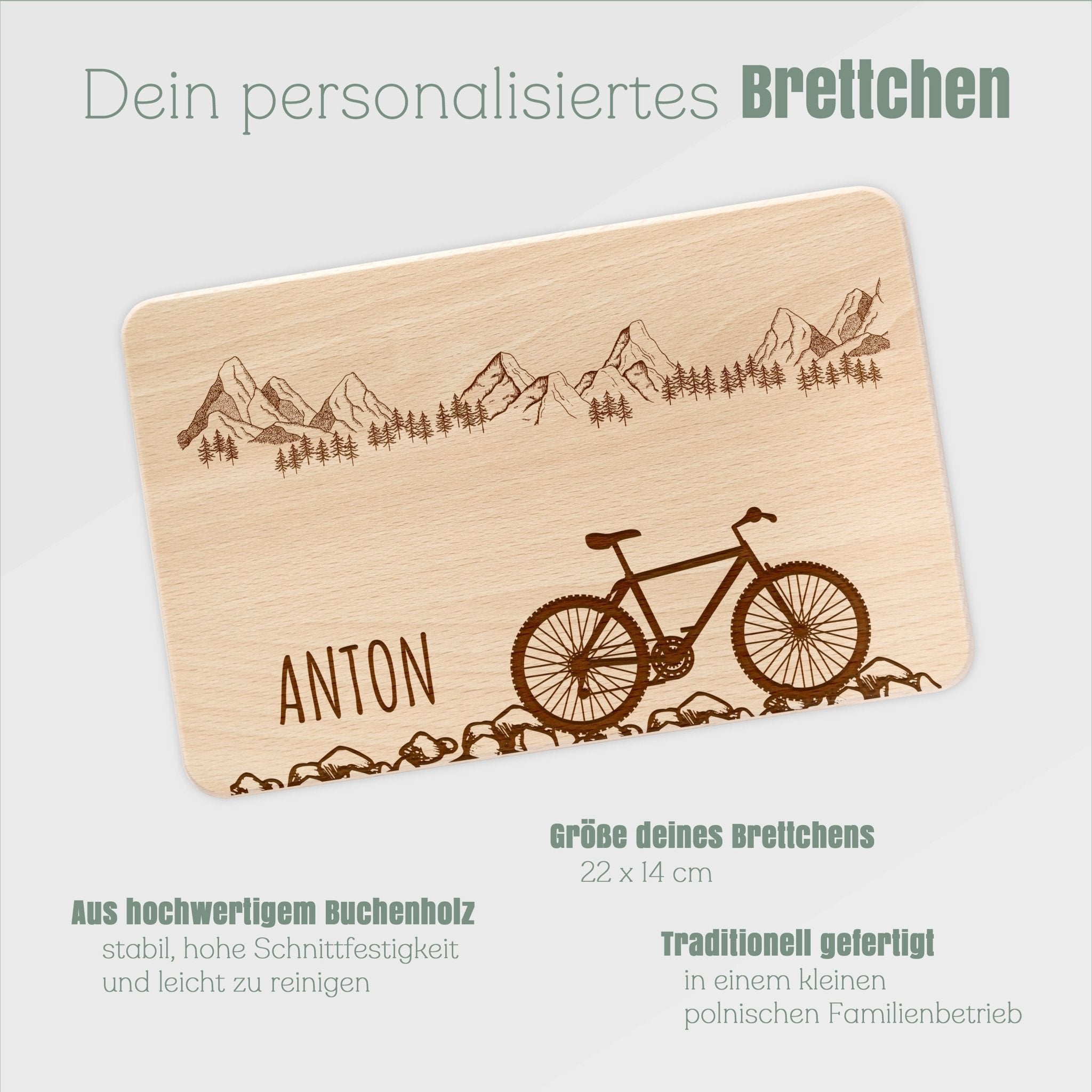 Frühstücksbrett Holz - Fahrrad Kieselsteine - Abenteuernah