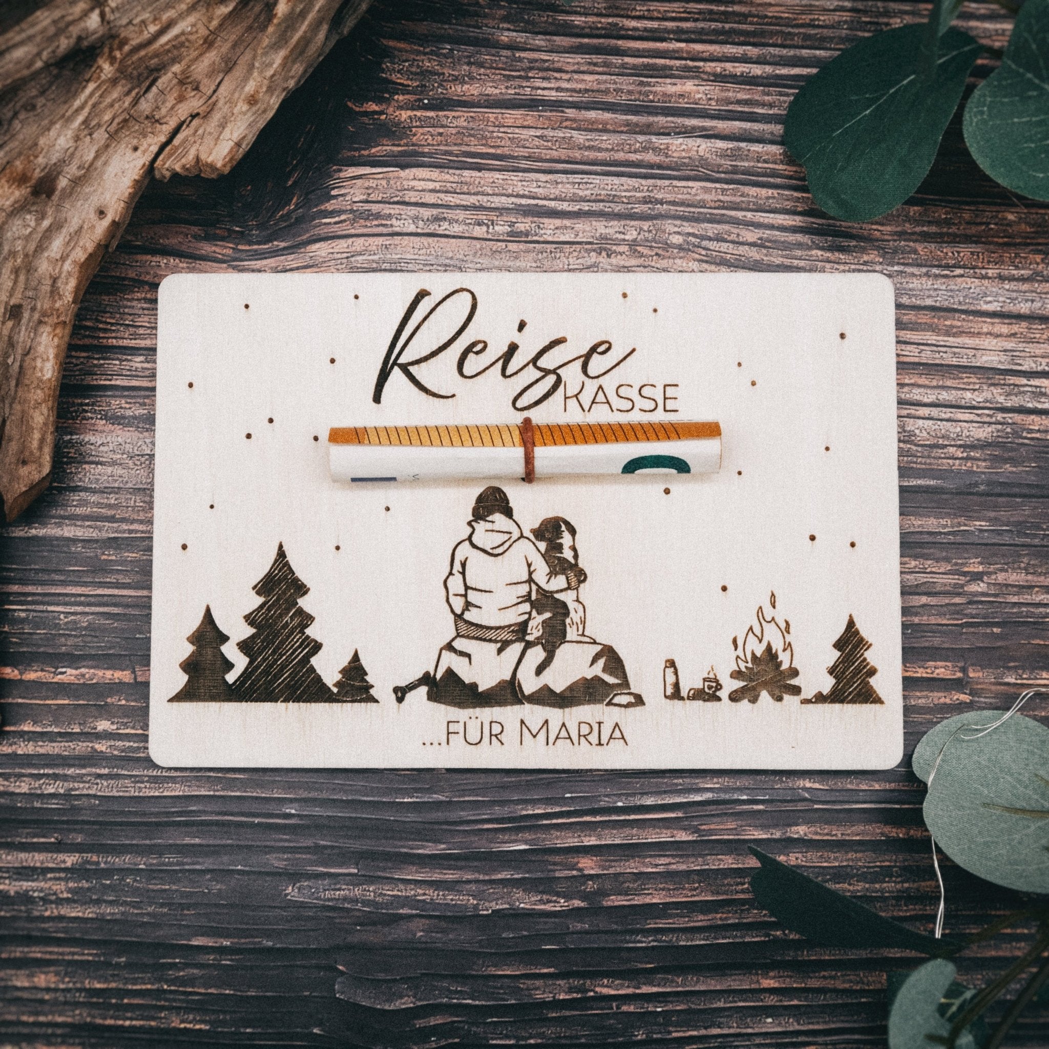 Geschenkkarte - Reisekasse Camper/Fahrrad/Hund mit Wunschname - Abenteuernah