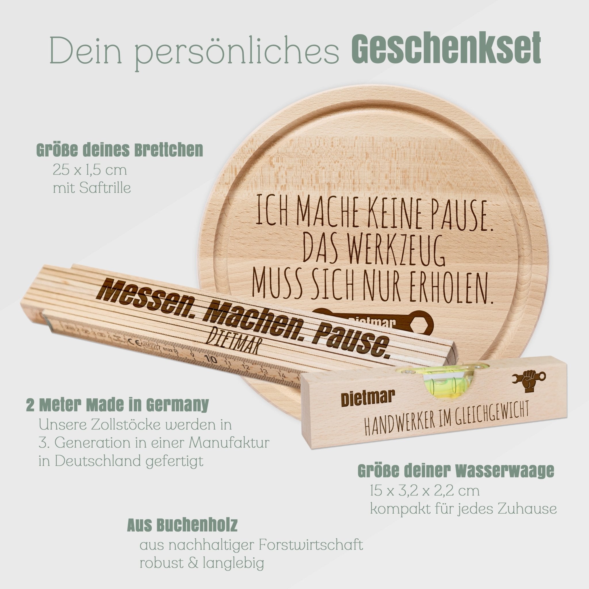 Geschenkset "Handwerker" - Wasserwaage, Zollstock, Rundes Brett - Abenteuernah