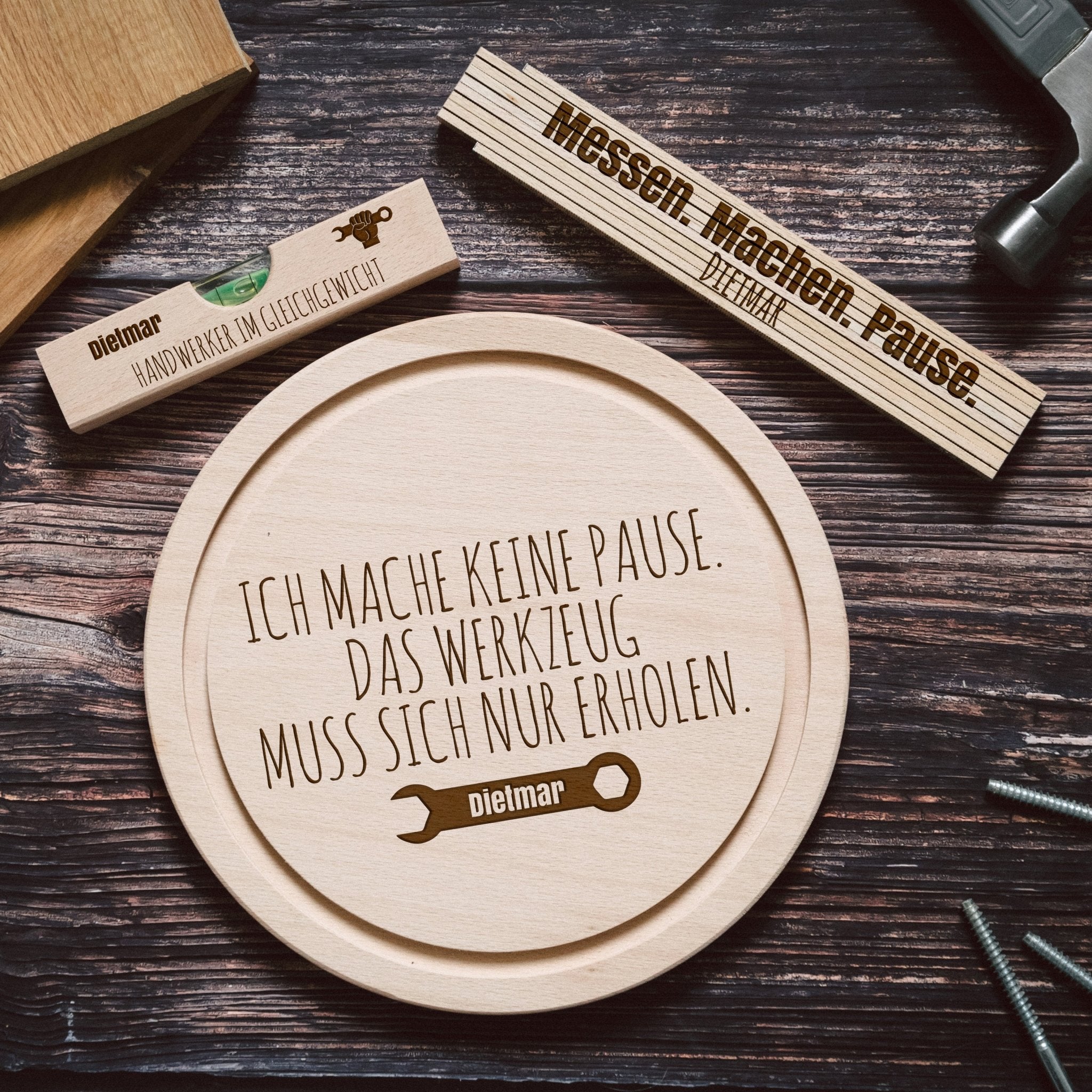 Geschenkset "Handwerker" - Wasserwaage, Zollstock, Rundes Brett - Abenteuernah