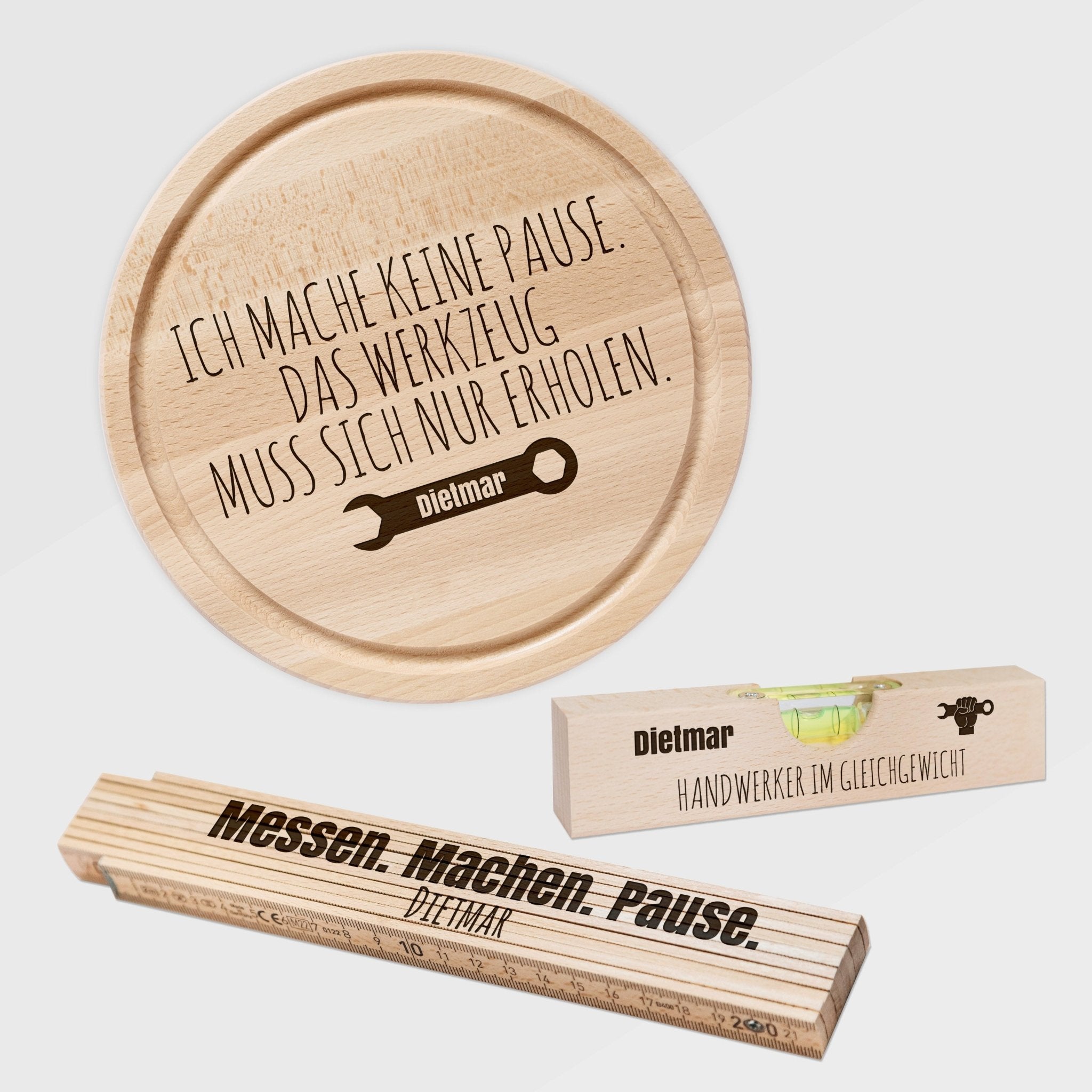 Geschenkset "Handwerker" - Wasserwaage, Zollstock, Rundes Brett - Abenteuernah