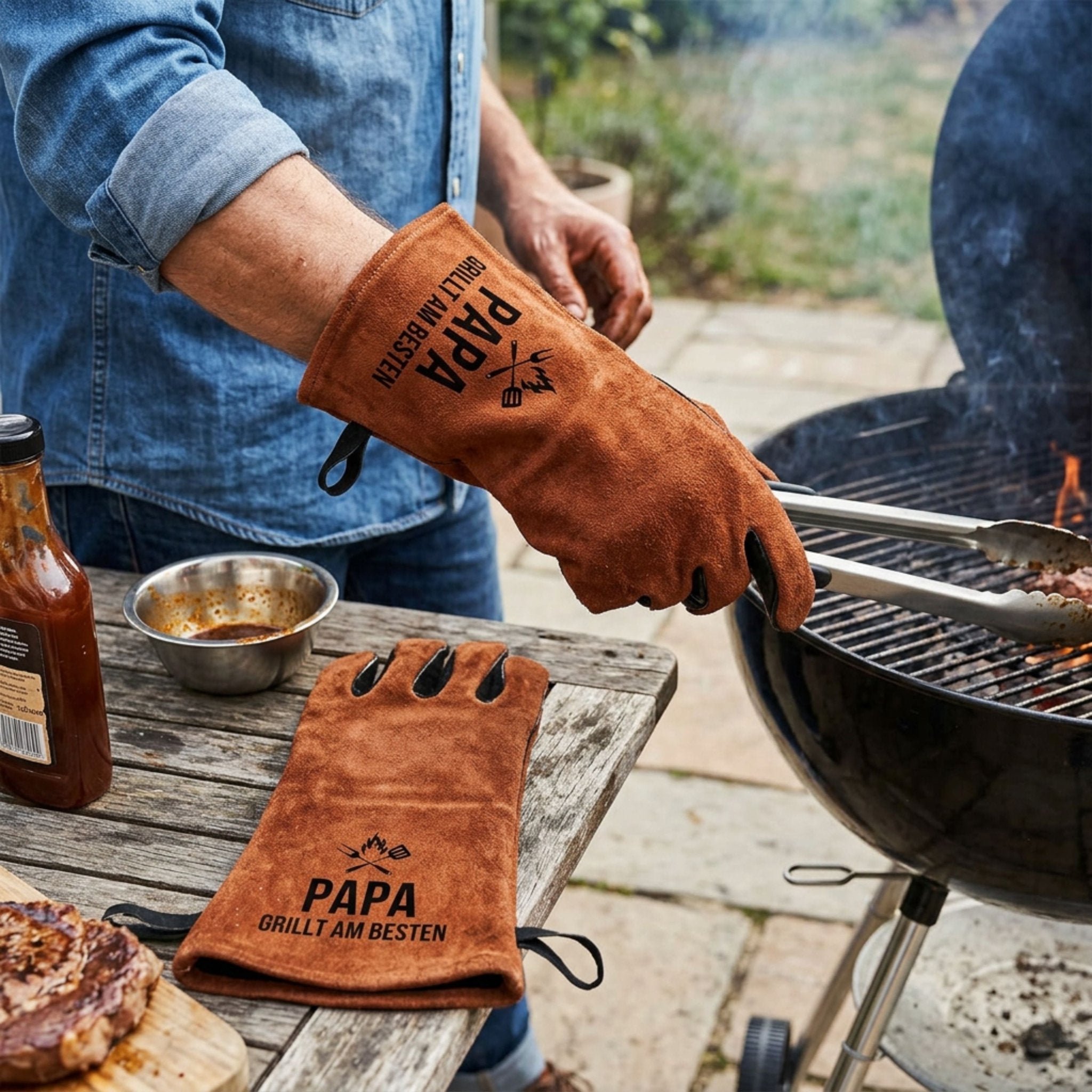 Grillhandschuh Leder - Papa grillt am Besten - Abenteuernah