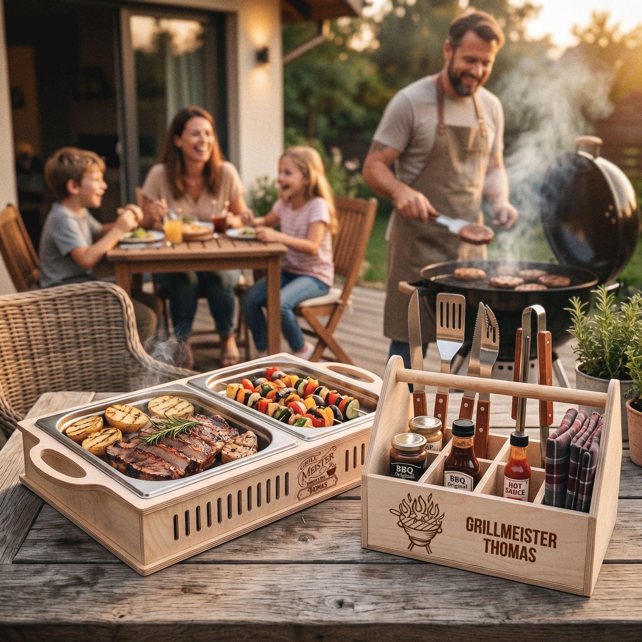 Grillset Warmhalteplatte und Grill - Caddy - Grillmeister - Abenteuernah