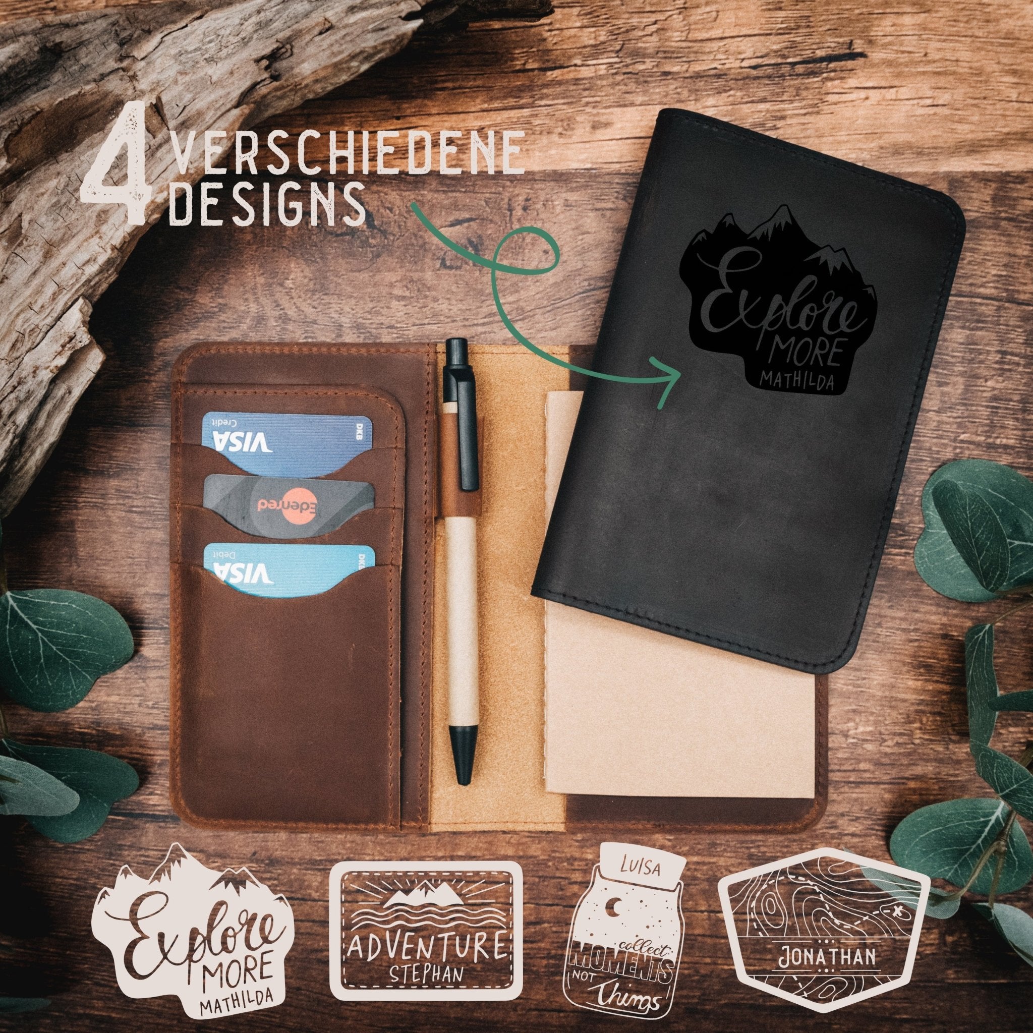 Journal aus echtem Leder - Reisemotive + Wunschname - Abenteuernah