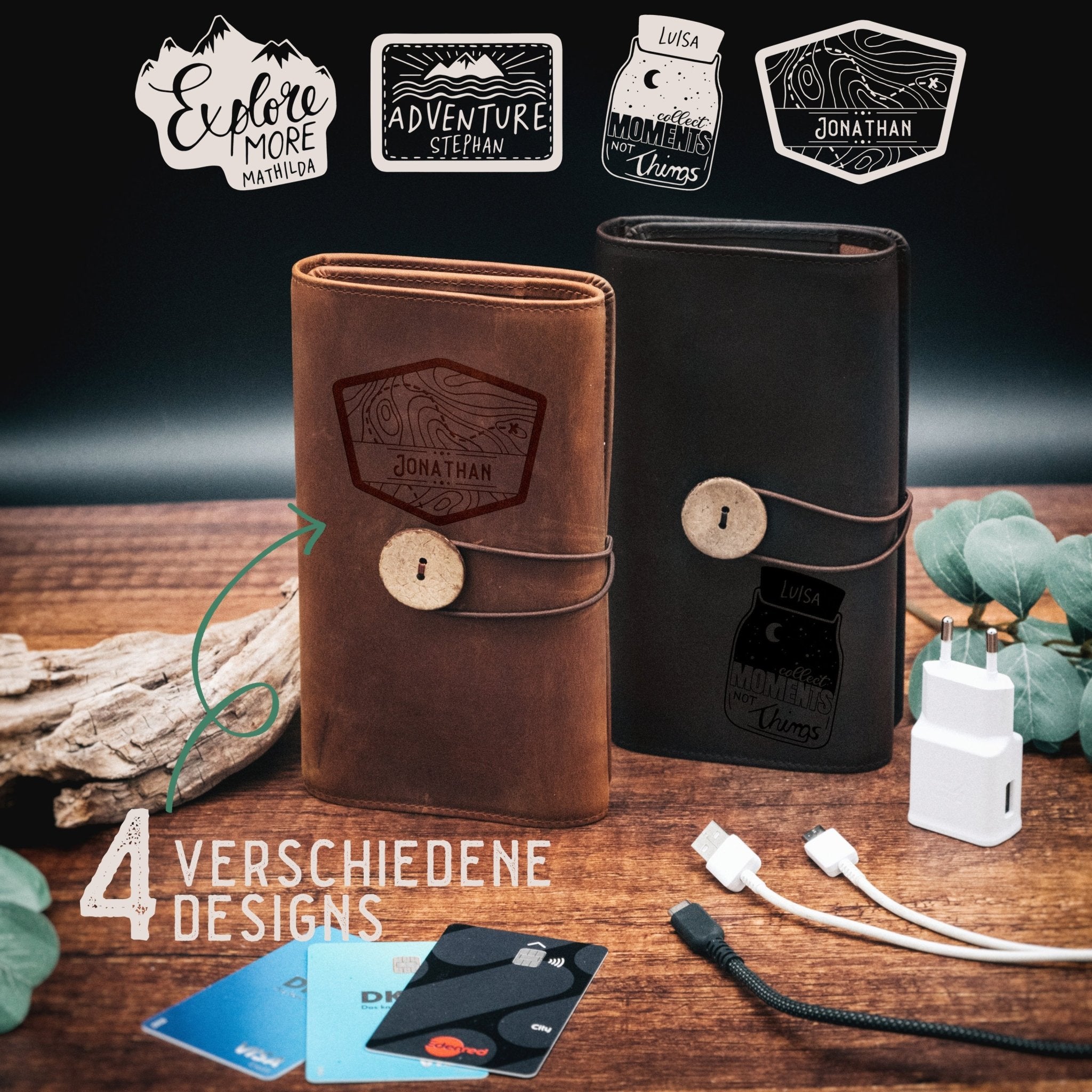 Kabelorganizer aus echtem Leder - Reisemotiv + Wunschname - Abenteuernah