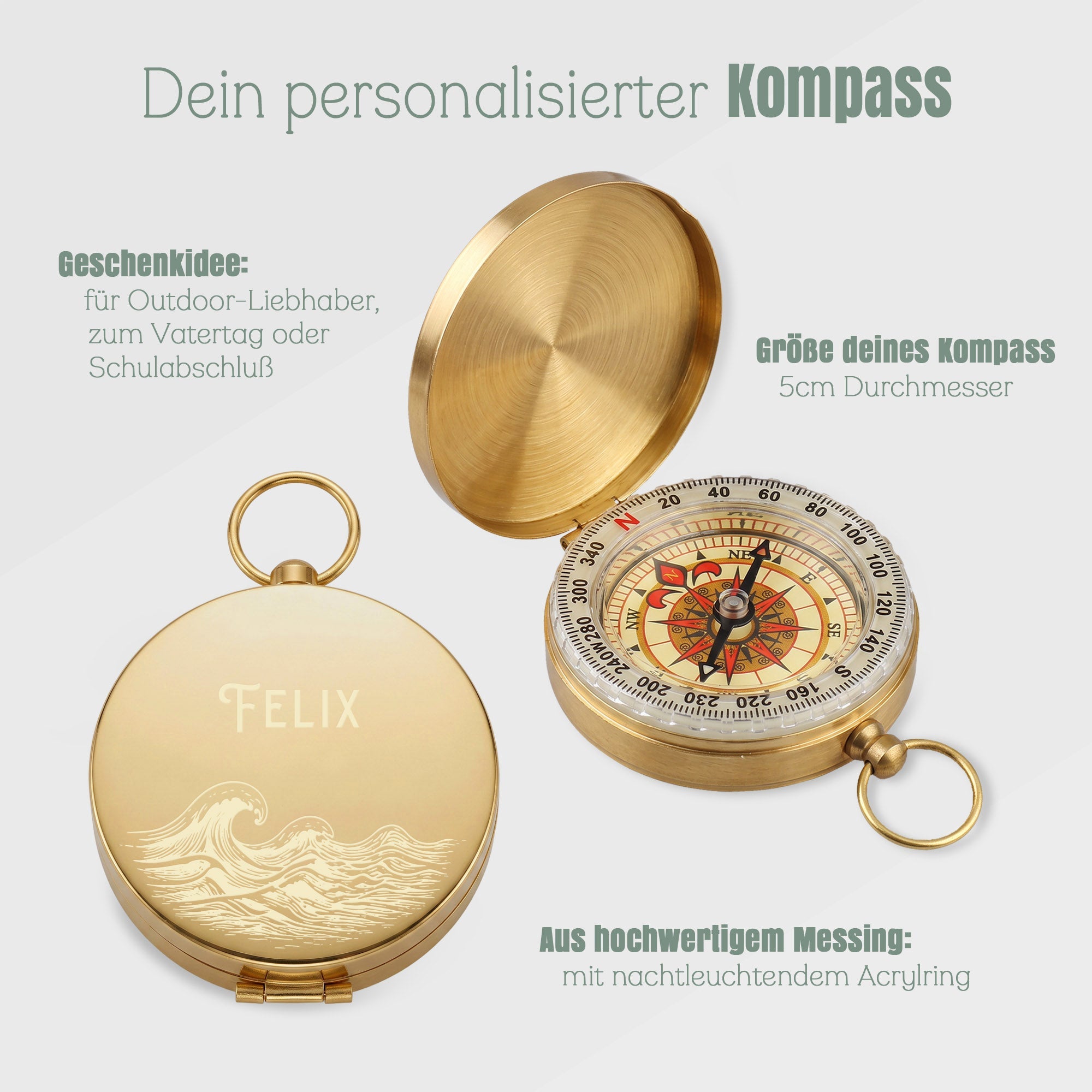 Kompass personalisiert Messing - Wunschname - Abenteuernah