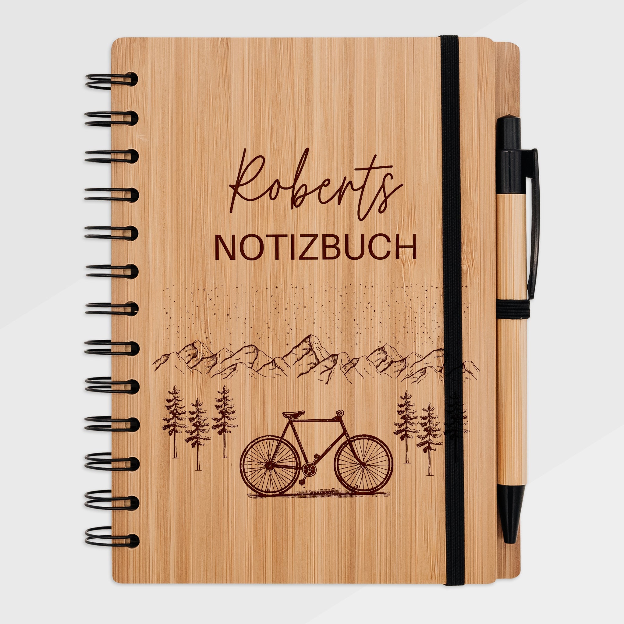 Notizbuch Holz - Fahrrad Berge - Abenteuernah