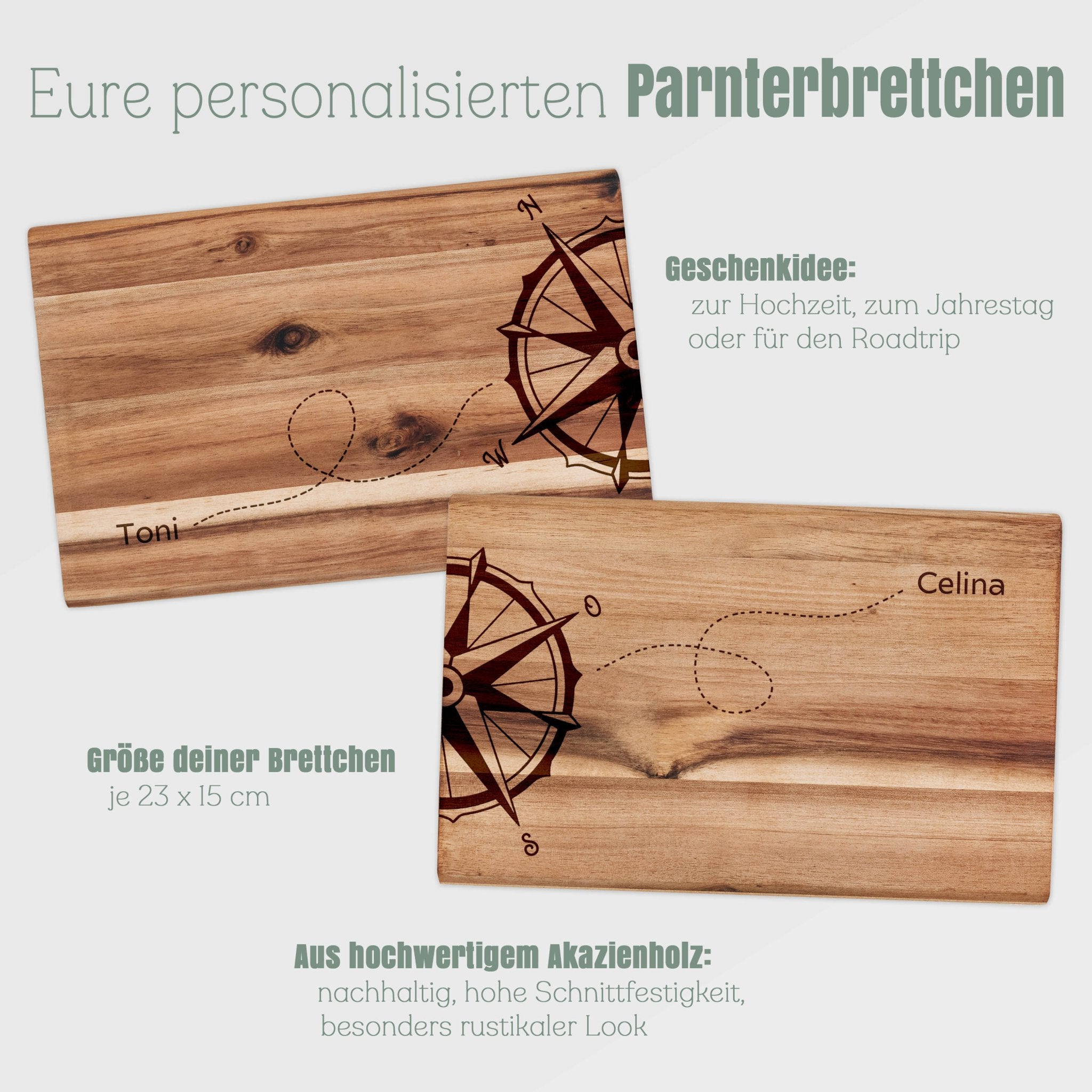 Partnerbrettchen Akazie - Kompass - Abenteuernah