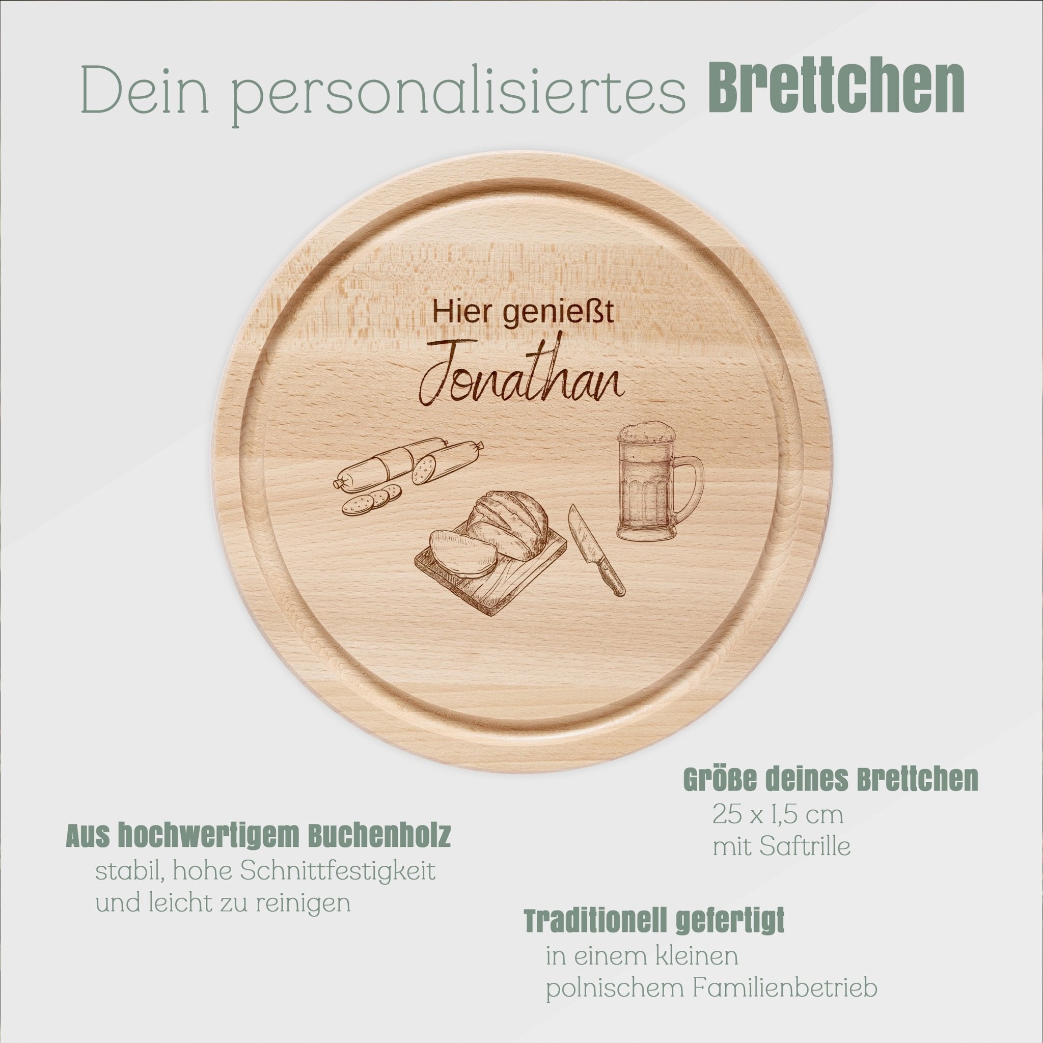 Rundes Holzbrett - Bier Brot Wurst - Abenteuernah