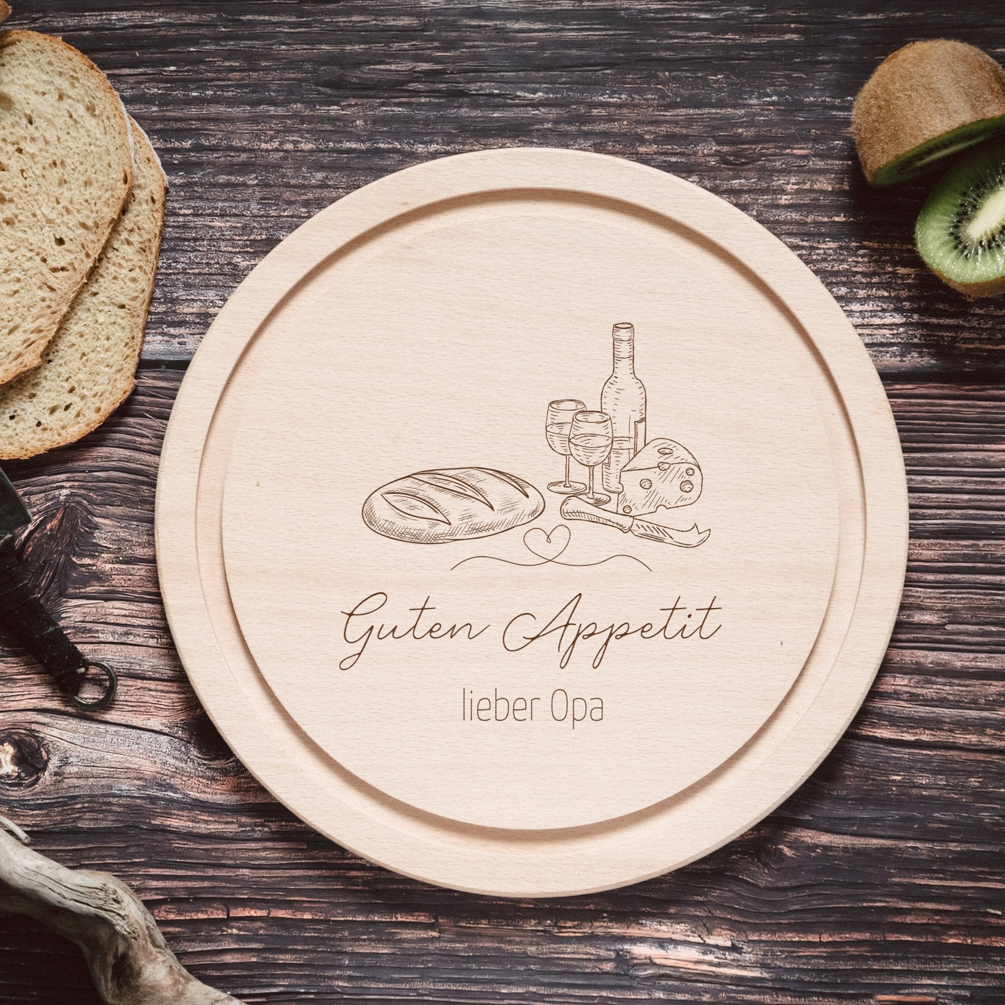 Rundes Holzbrett - Brot Wein Guten Appetit - Abenteuernah