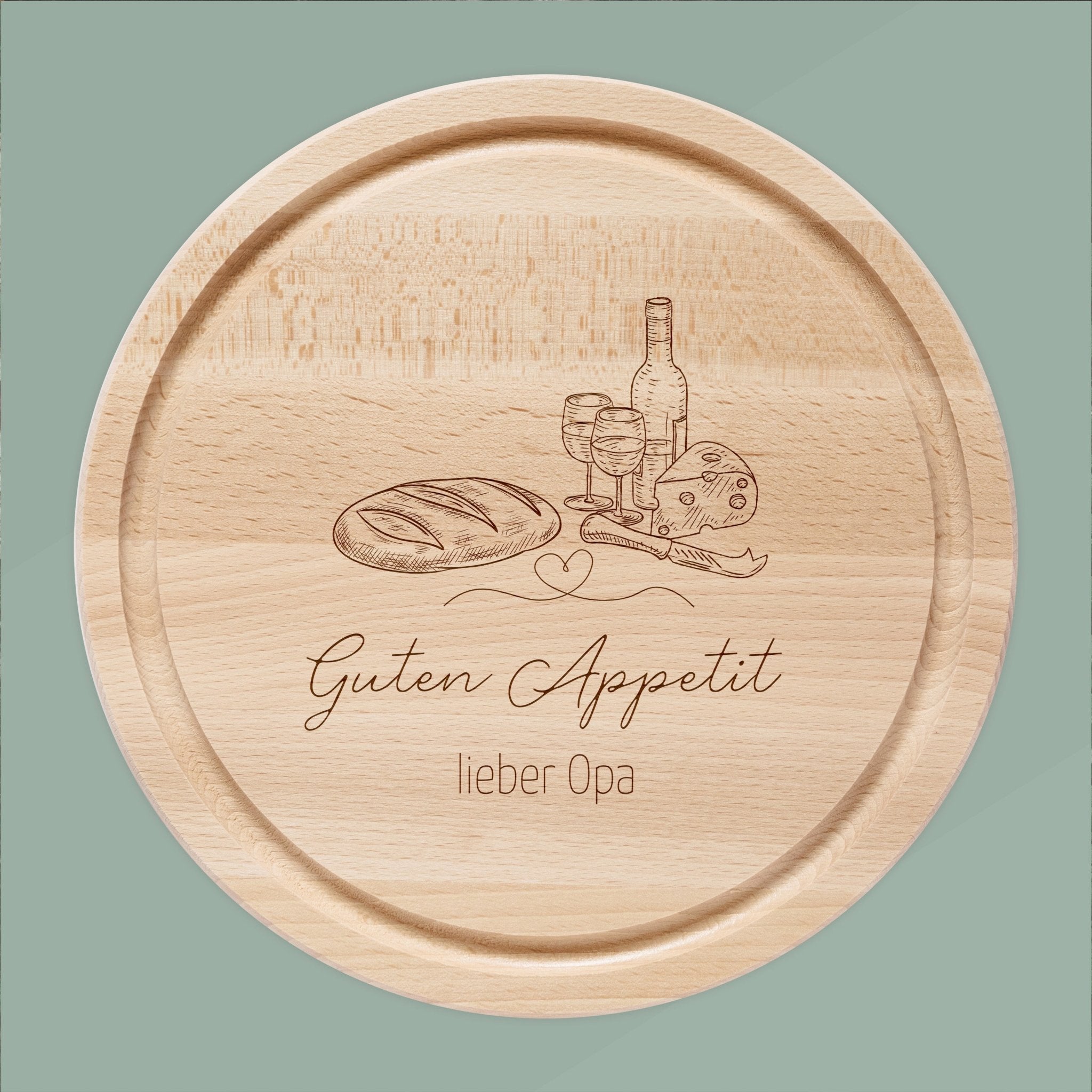 Rundes Holzbrett - Brot Wein Guten Appetit - Abenteuernah