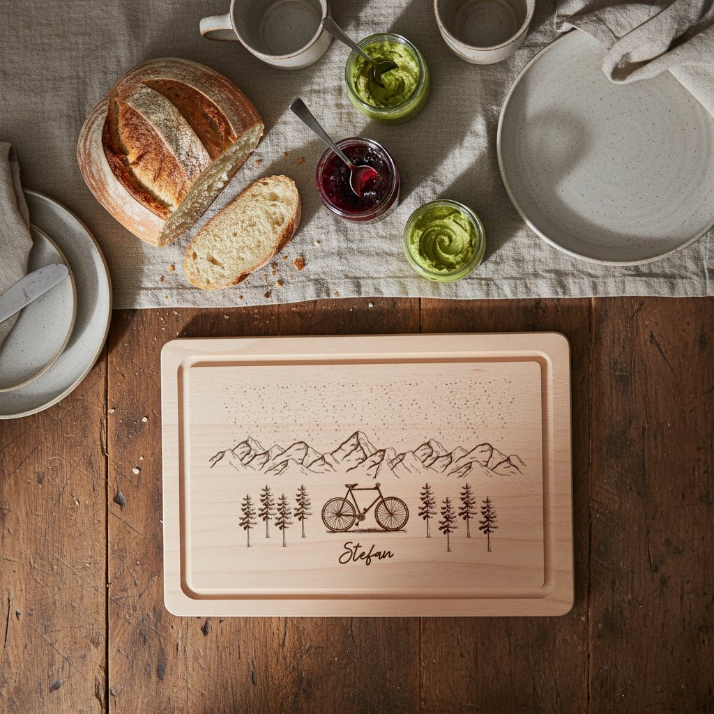 Schneidebrett mit Saftrille - Berge und Fahrrad - Abenteuernah