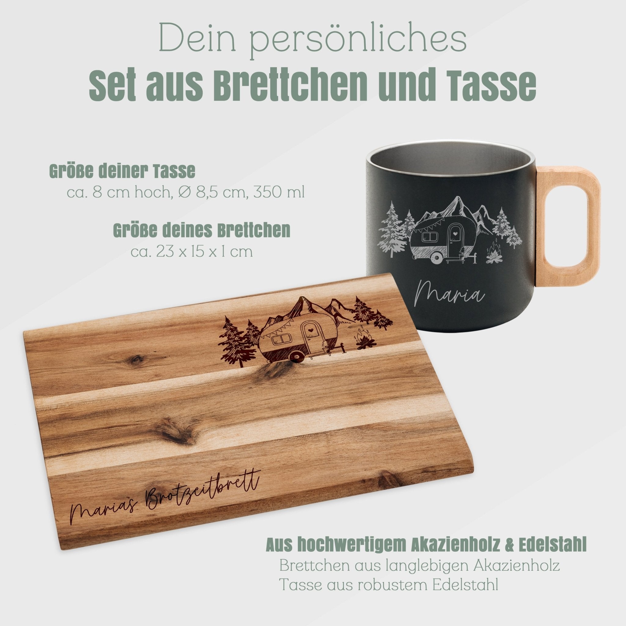 Set Frühstücksbrett Akazie und Edelstahltasse - Camper, Hund, Fahrrad - Abenteuernah