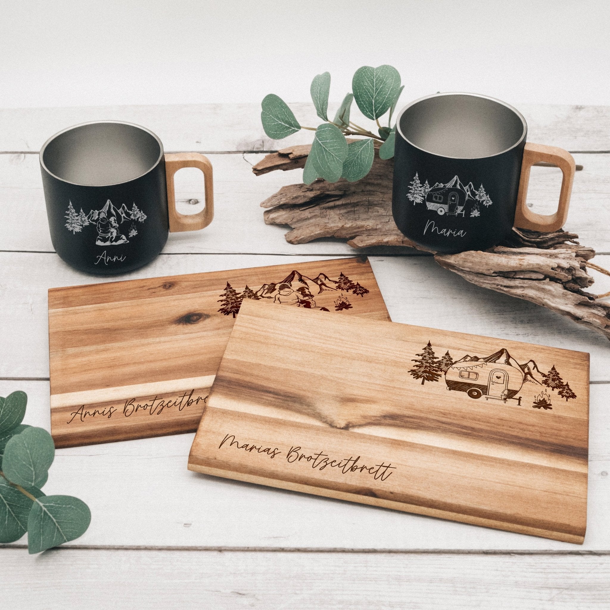 Set Frühstücksbrett Akazie und Edelstahltasse - Camper, Hund, Fahrrad - Abenteuernah