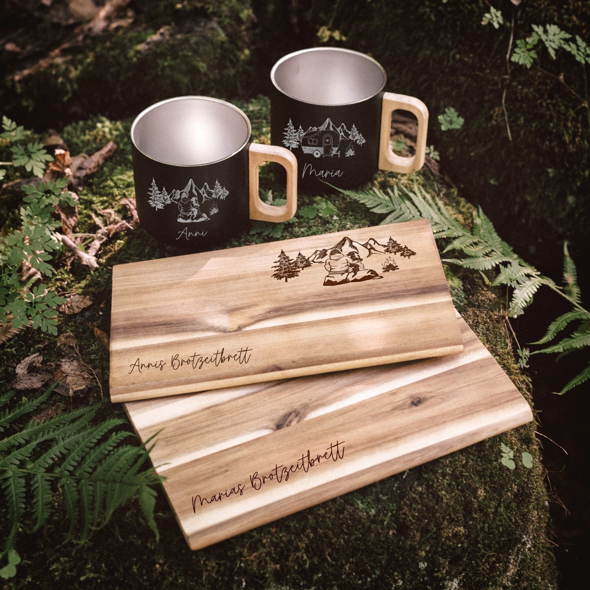 Set Frühstücksbrett Akazie und Edelstahltasse - Camper, Hund, Fahrrad - Abenteuernah