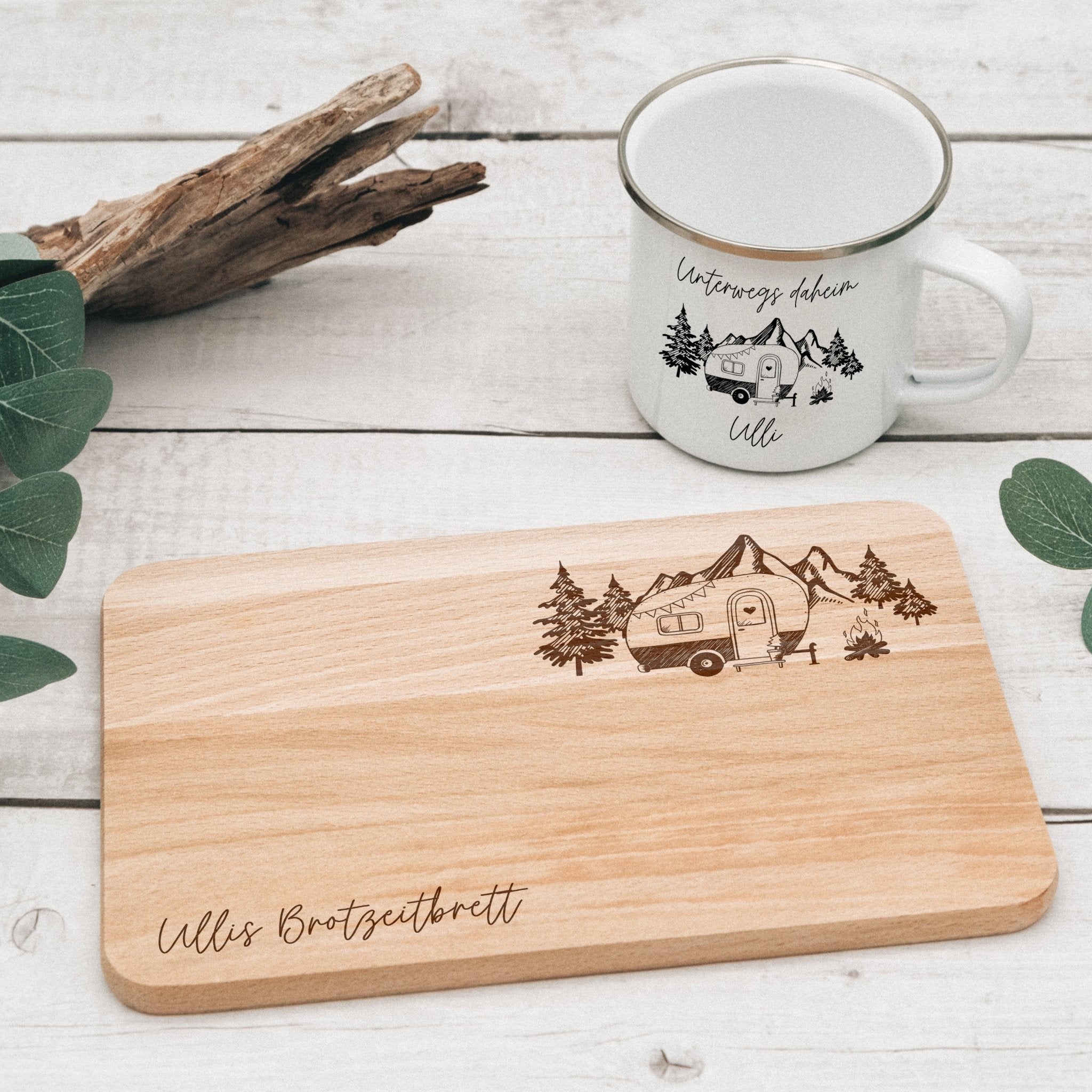 Set Frühstücksbrett Buche und Emailletasse - Unterwegs daheim - Abenteuernah