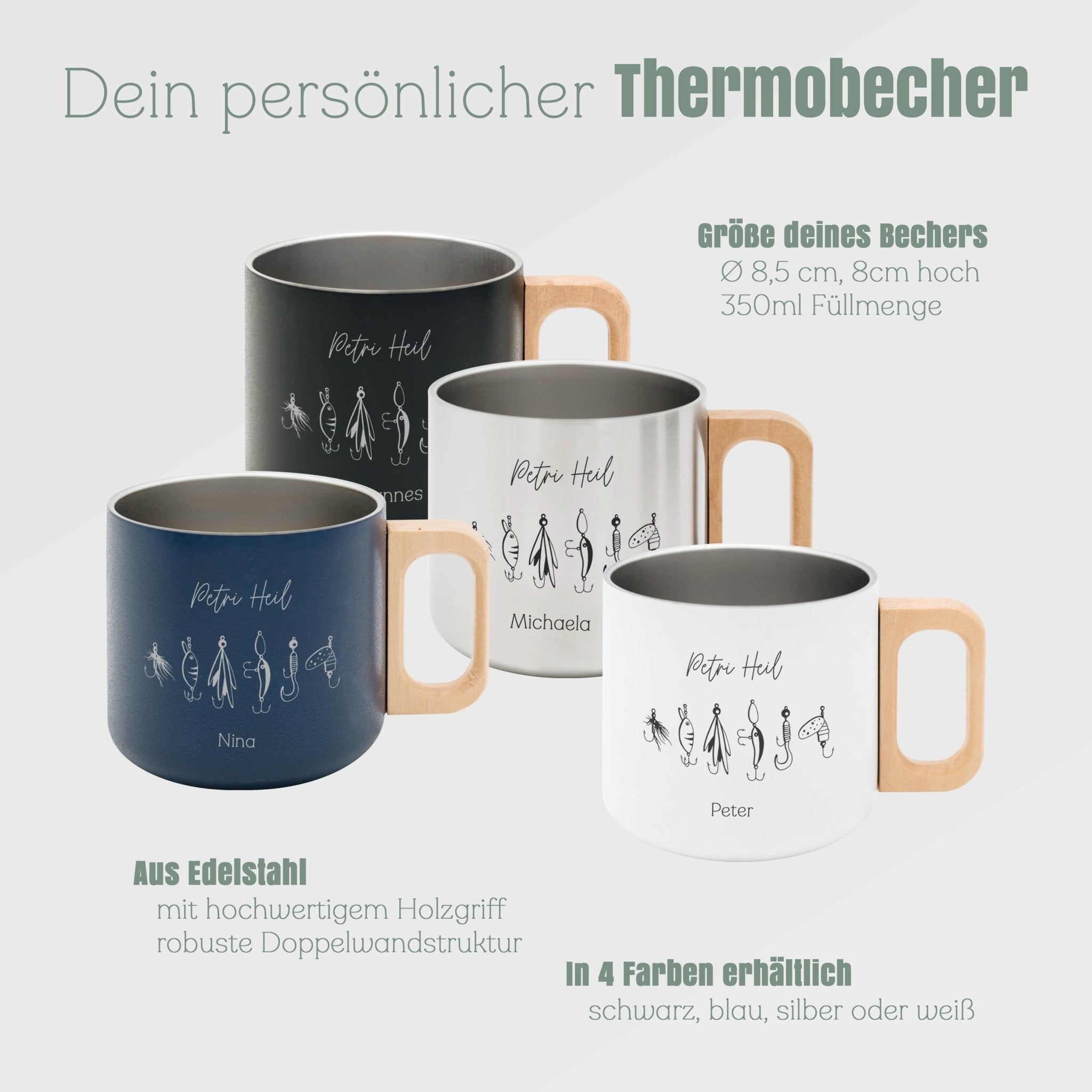 Thermobecher mit Holzgriff - Angelhaken "Petri Heil" - Abenteuernah