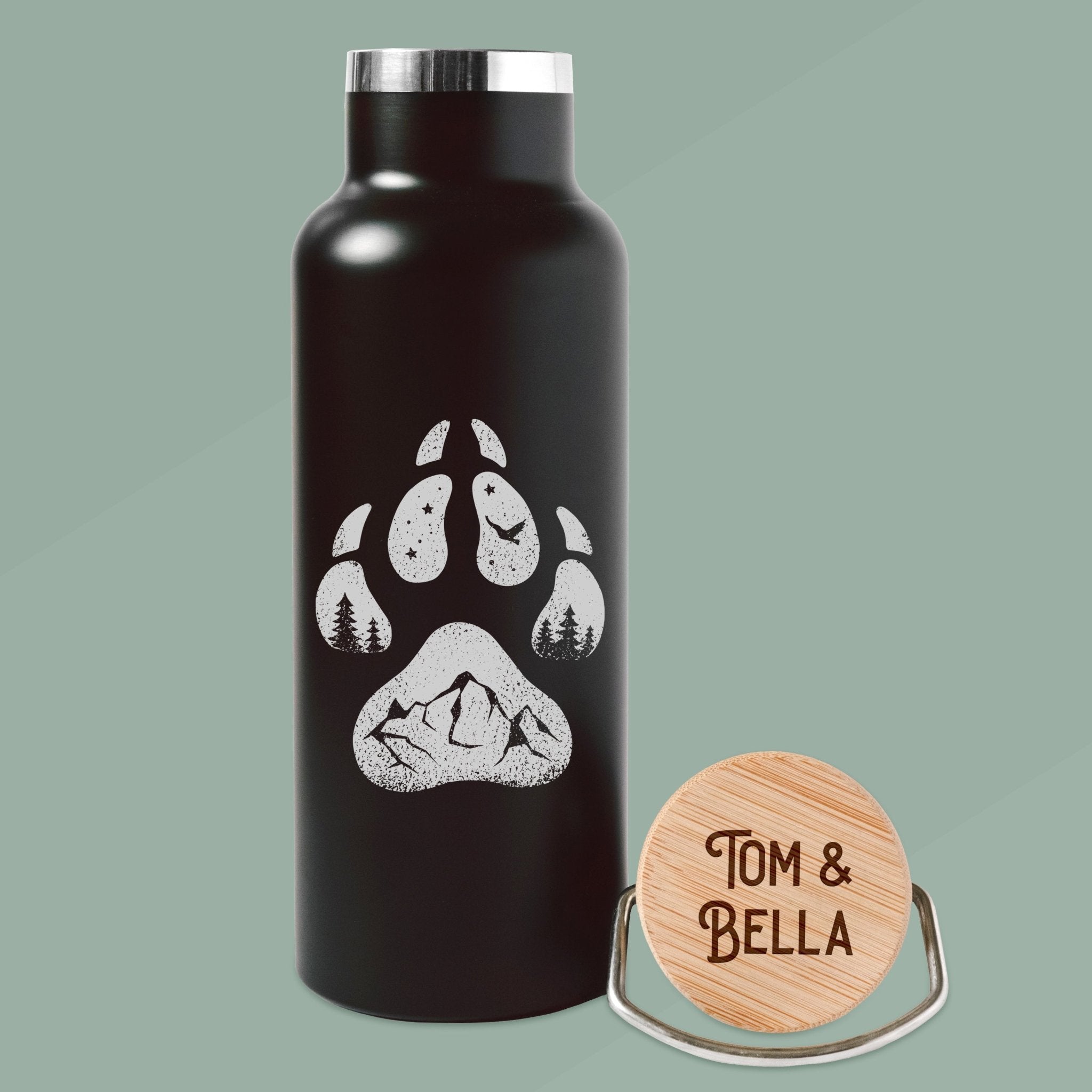 Trinkflasche Edelstahl schwarz - Hundepfote außen - Abenteuernah