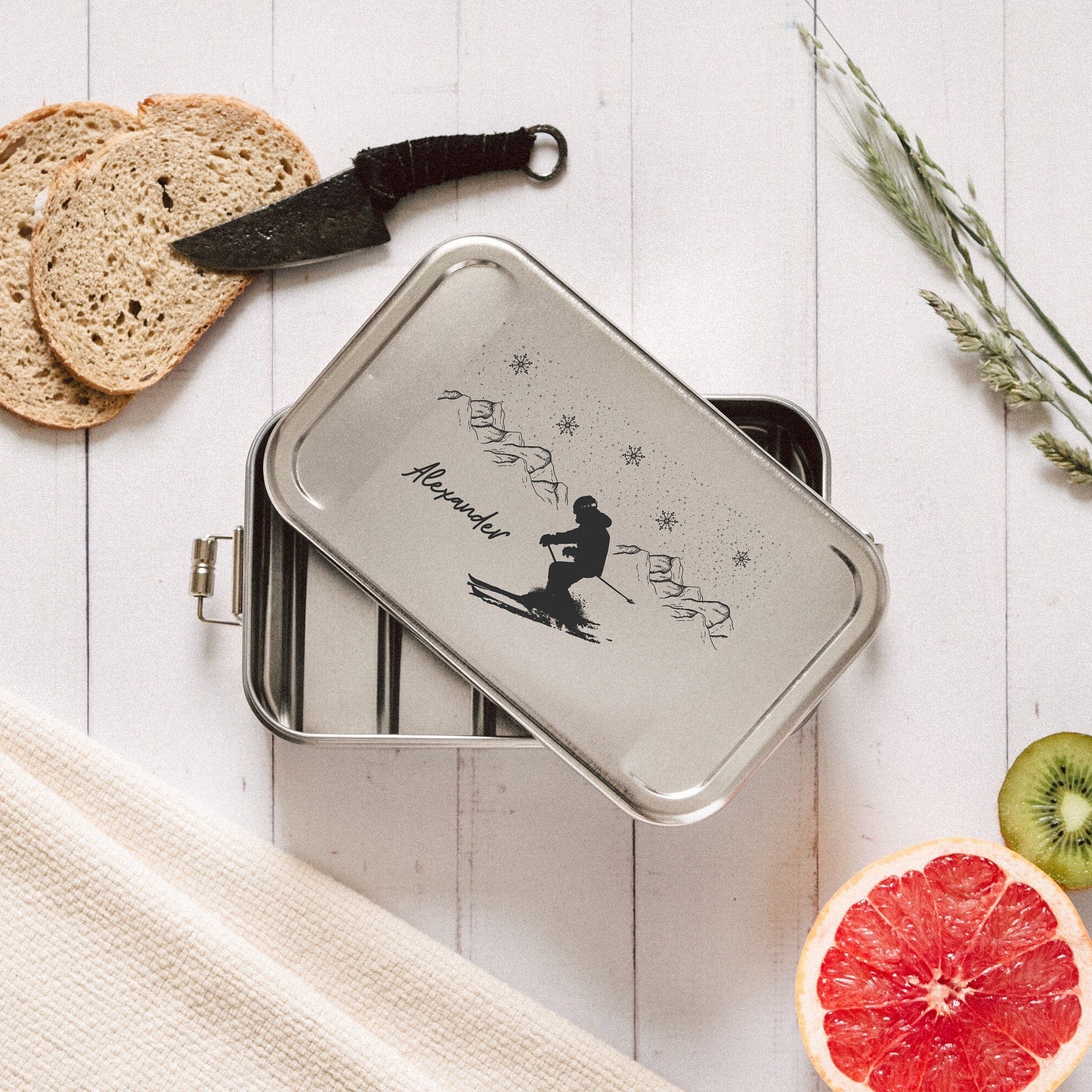 Brotdose Edelstahl silber - Ski - Abenteuernah