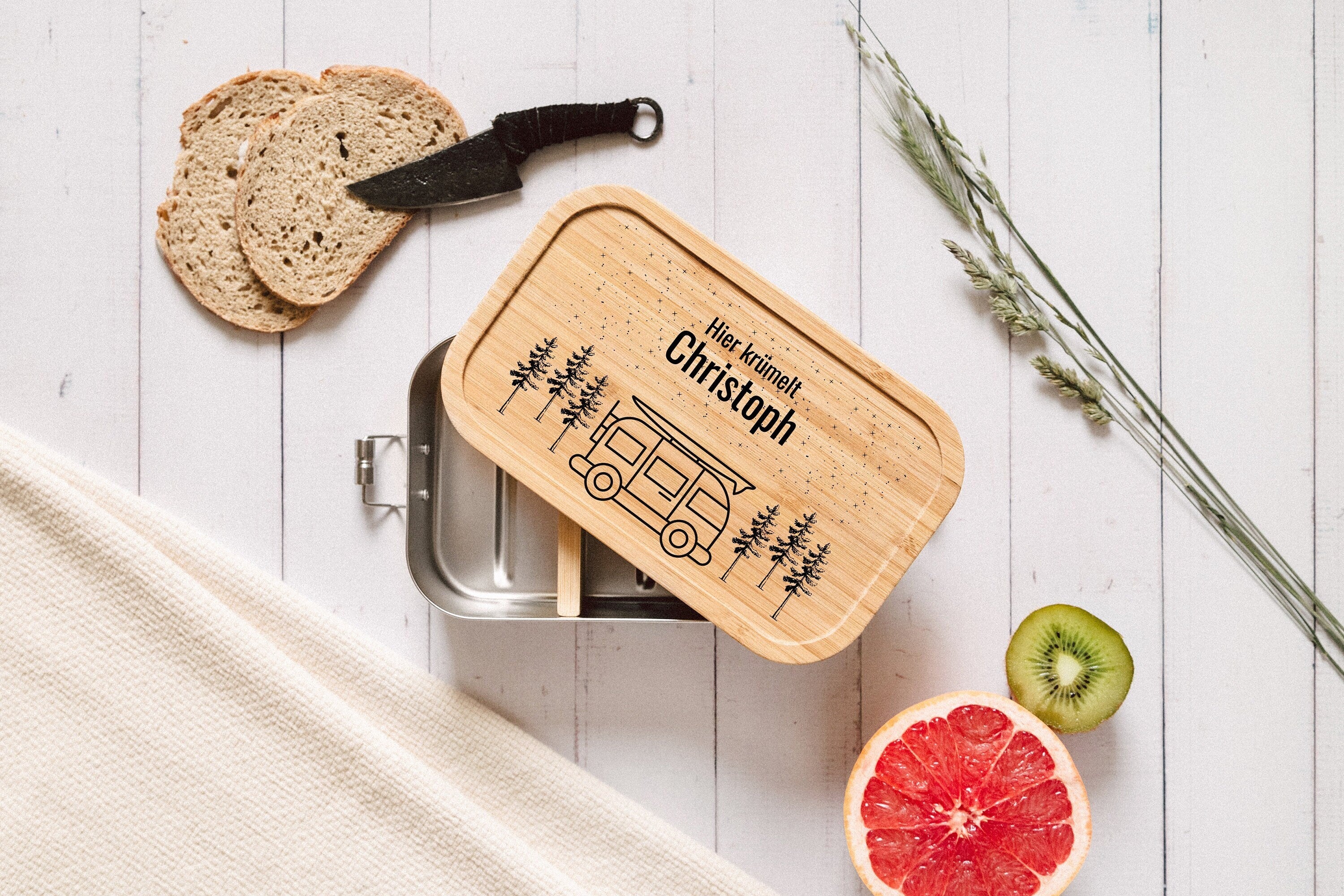 Brotdose personalisiert, Edelstahl Brotdose Trennsteg, Lunchbox Holz mit Name, Camper Geschenk, Geschenke für Männer - abenteuernah