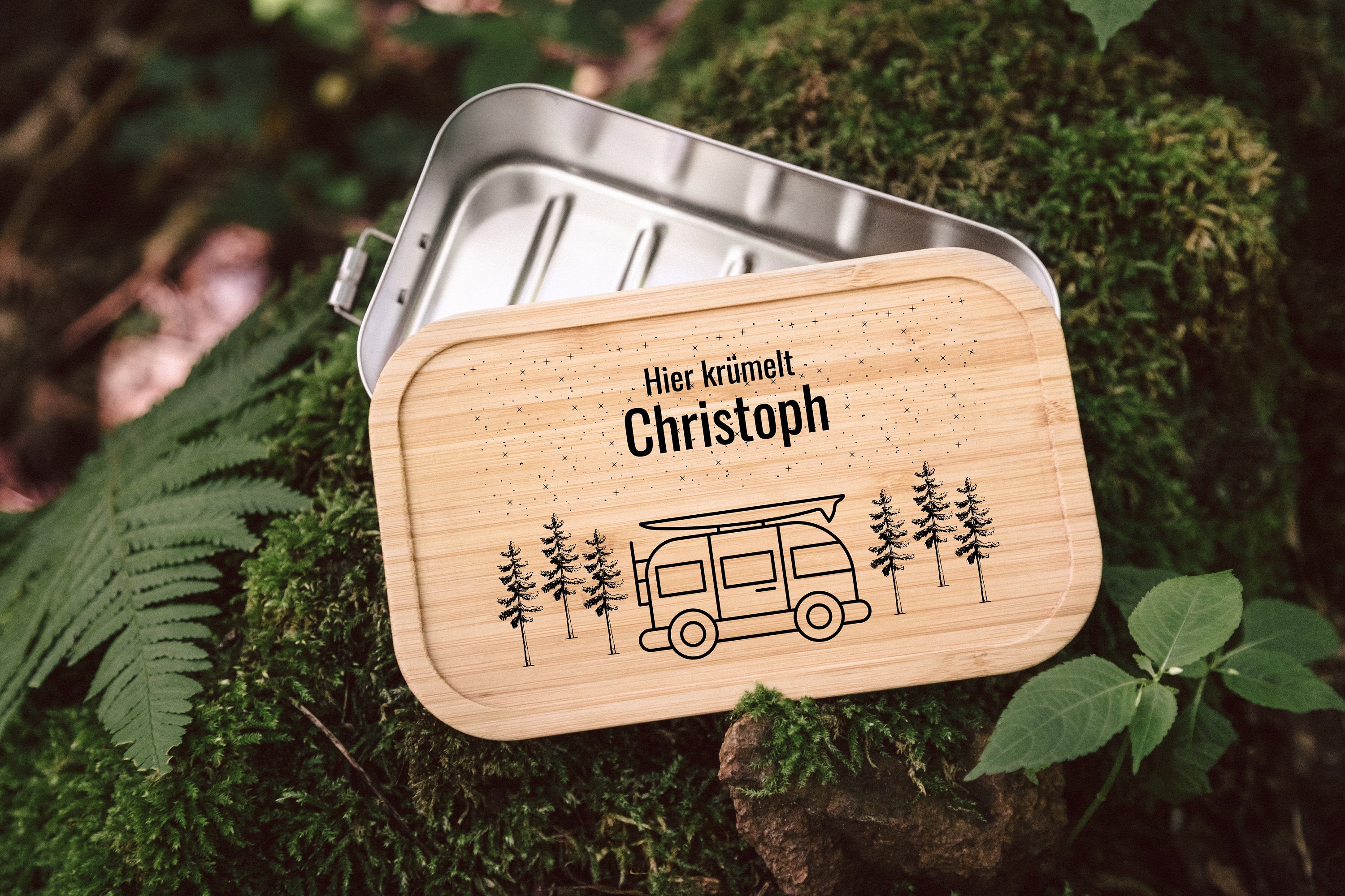 Brotdose personalisiert, Edelstahl Brotdose Trennsteg, Lunchbox Holz mit Name, Camper Geschenk, Geschenke für Männer - abenteuernah