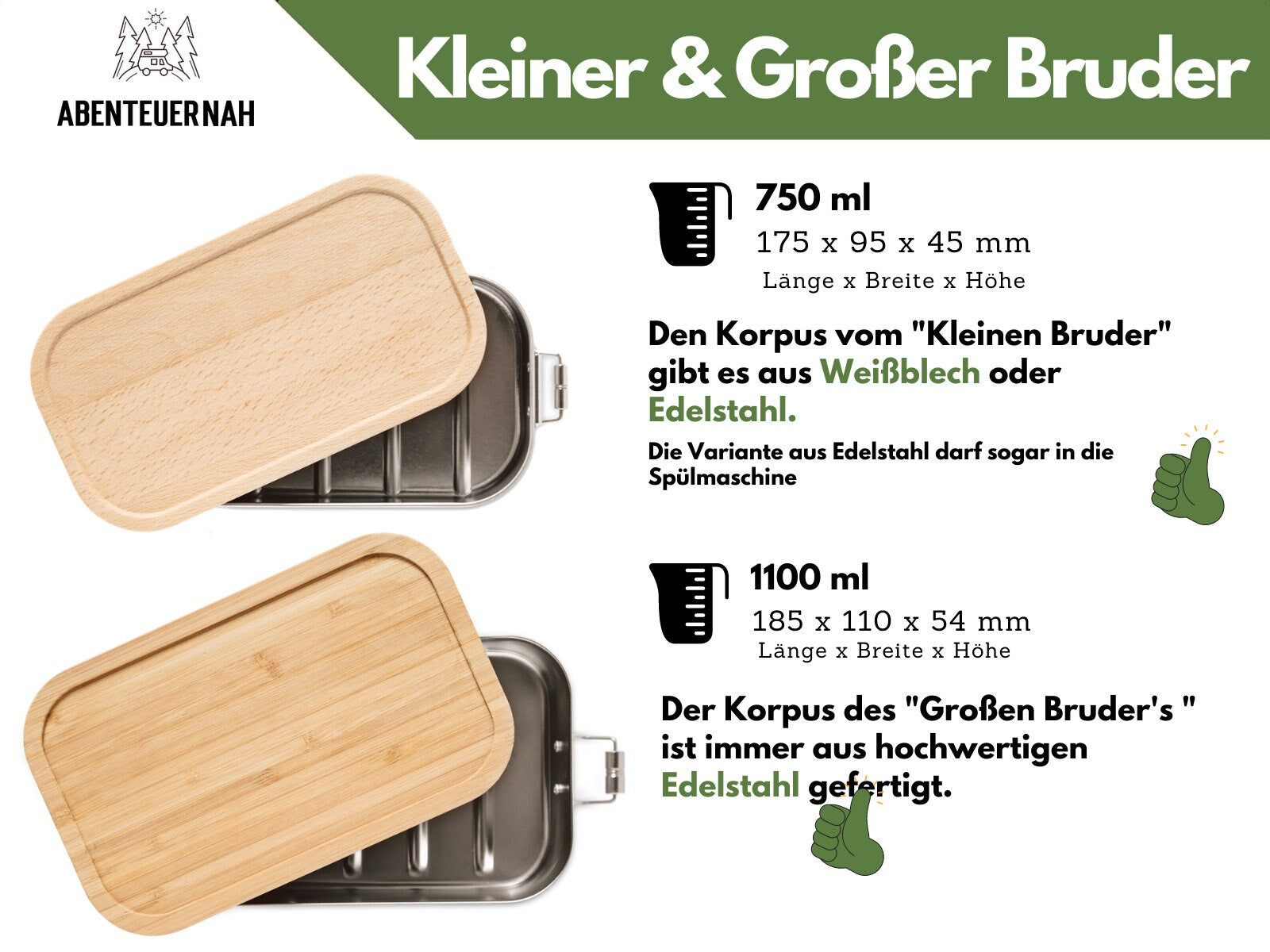 Brotdose personalisiert, Edelstahl Brotdose Trennsteg, Lunchbox Holz mit Name, Camper Geschenk, Geschenke für Männer - abenteuernah