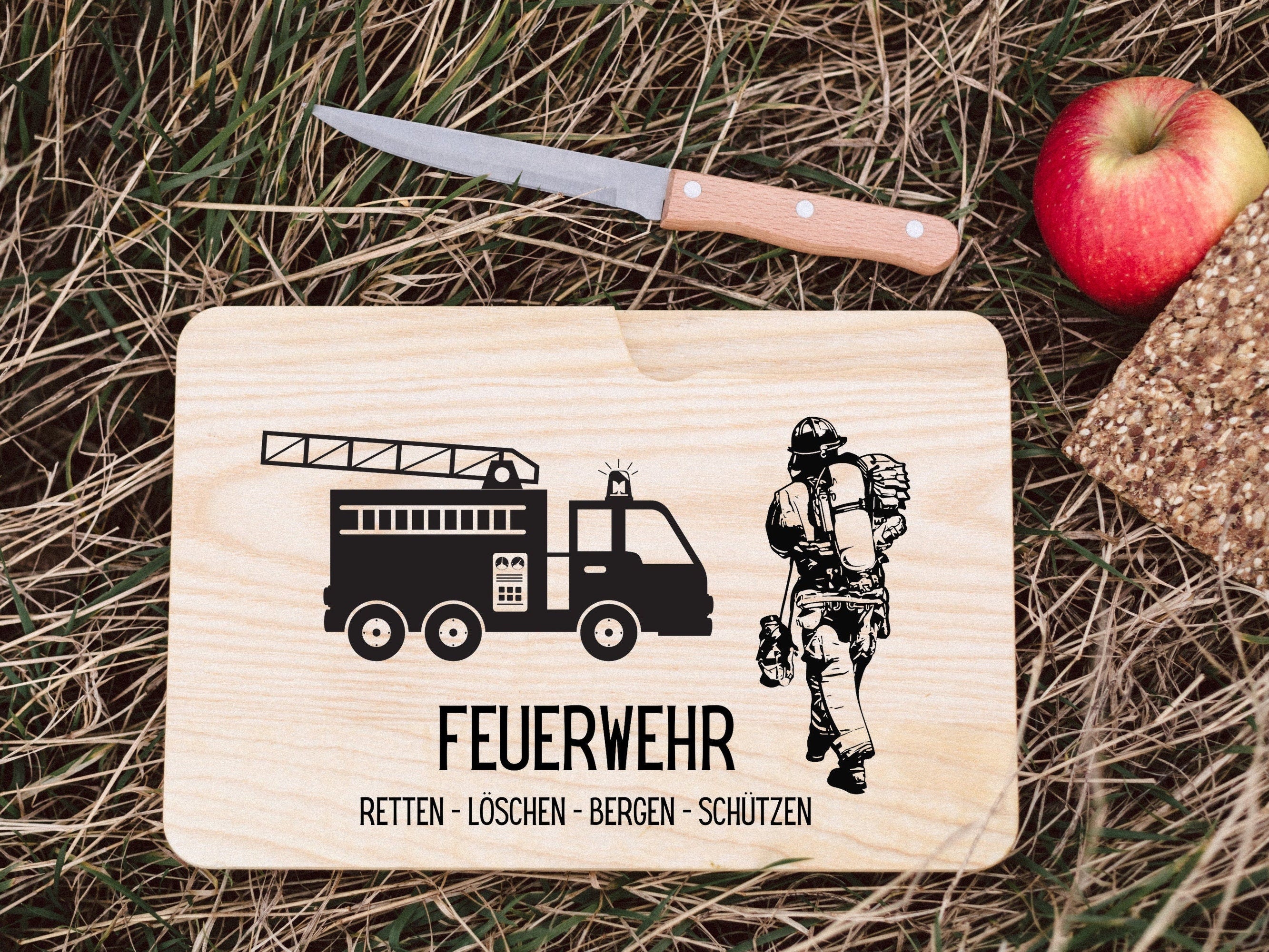 Feuerwehr, Brett Feuerwehr, Feuerwehr Geschenke Männer, Brotzeitbrett Messer, Holzbrett mit Gravur, Geschenkidee für Ihn - abenteuernah