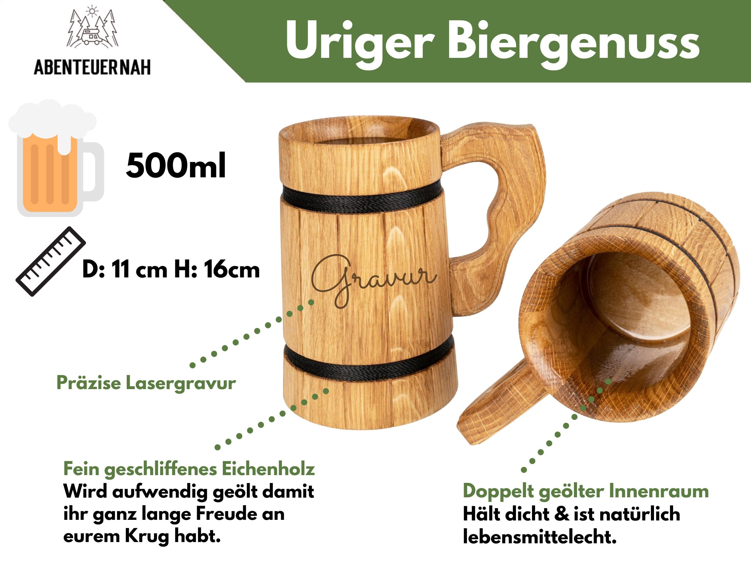 Bierkrug personalisiert, Bierkrug Holz, Bierkrug mit Gravur, Männergeschenke, Vatertag, Geburtstag Mann - abenteuernah