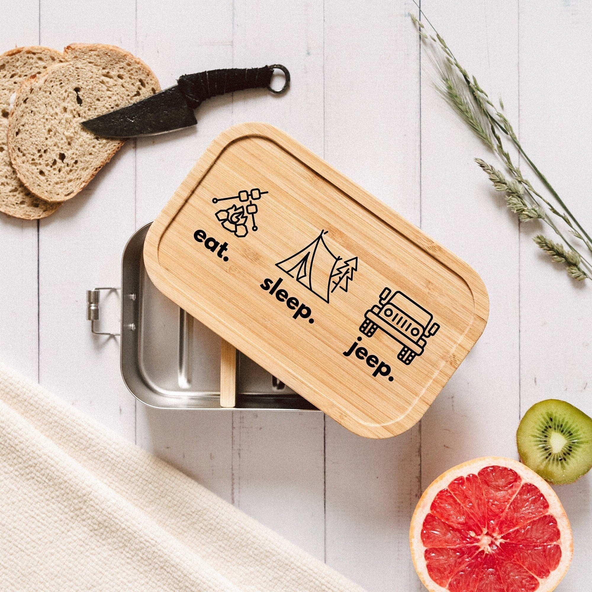 Brotdose personalisiert, Edelstahl Brotdose Trennsteg, Lunchbox Holz mit Name, Camper Geschenk, Geschenke für Männer - abenteuernah