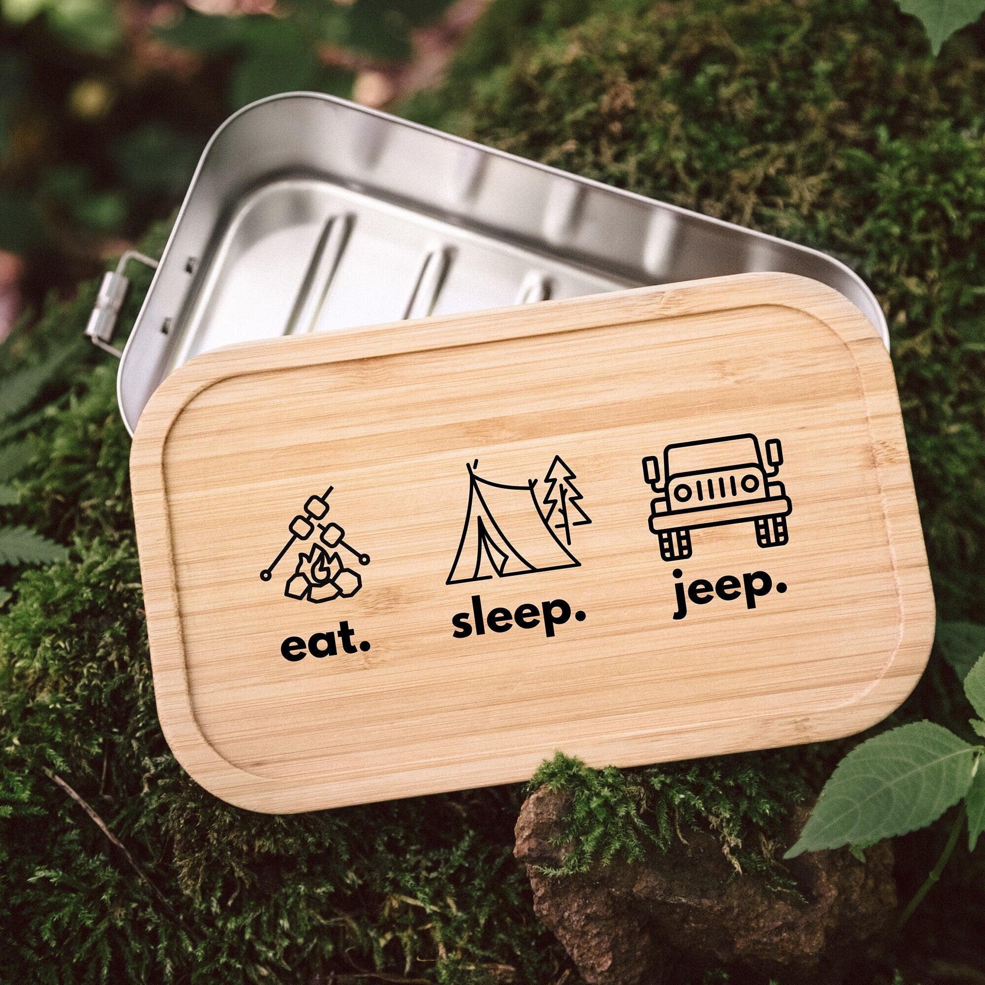 Brotdose personalisiert, Edelstahl Brotdose Trennsteg, Lunchbox Holz mit Name, Camper Geschenk, Geschenke für Männer - abenteuernah