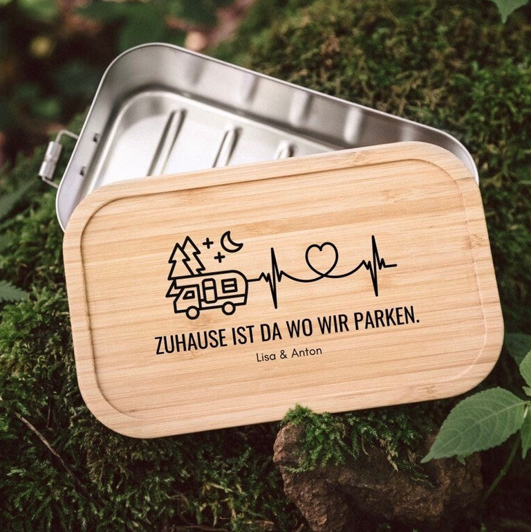 Brotdose personalisiert, Edelstahl Brotdose Trennsteg, Lunchbox Holz mit Name, Camper Geschenk, Geschenke für Männer - abenteuernah