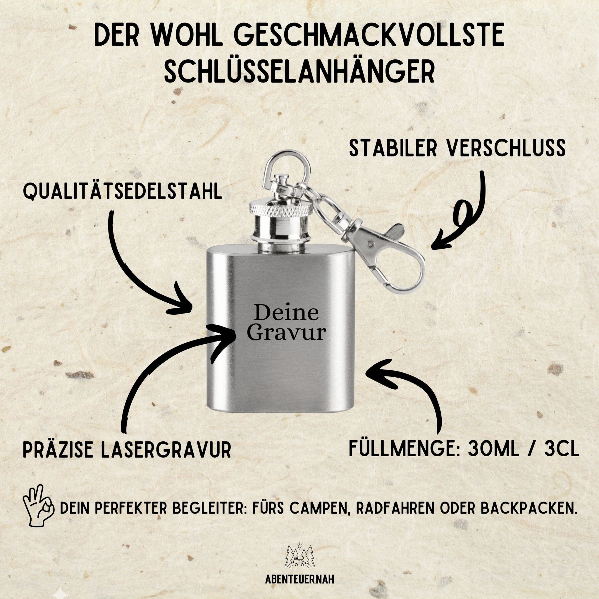 Mini Flachmann - Schlüsselanhänger - Schnapsidee, Klima - Kürzer, Witzwasser - Abenteuernah